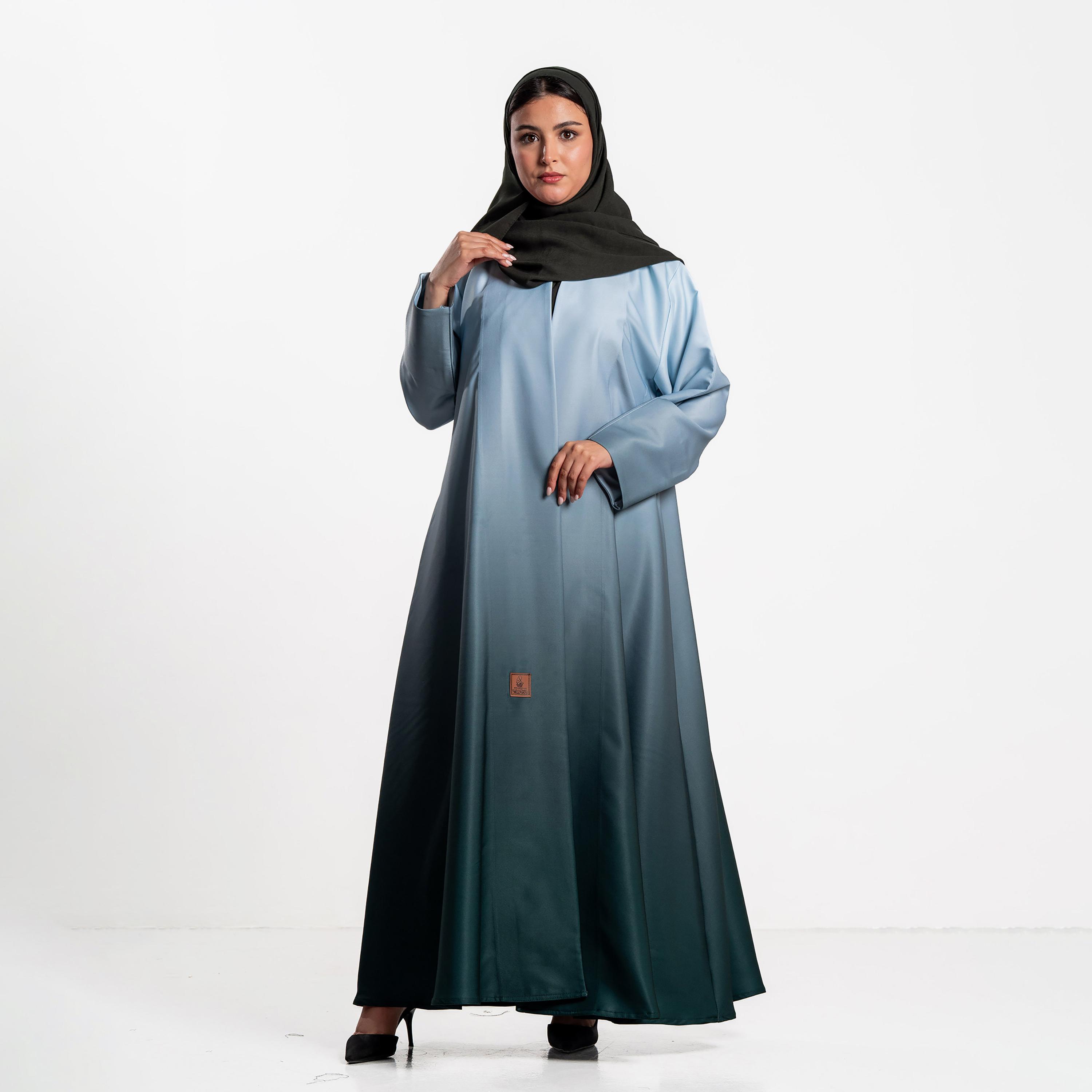 Zahiyh Sky Blue Ombre Effect Women's Flared Abaya with Hijab-women-arabicclothing-abayas-image-1