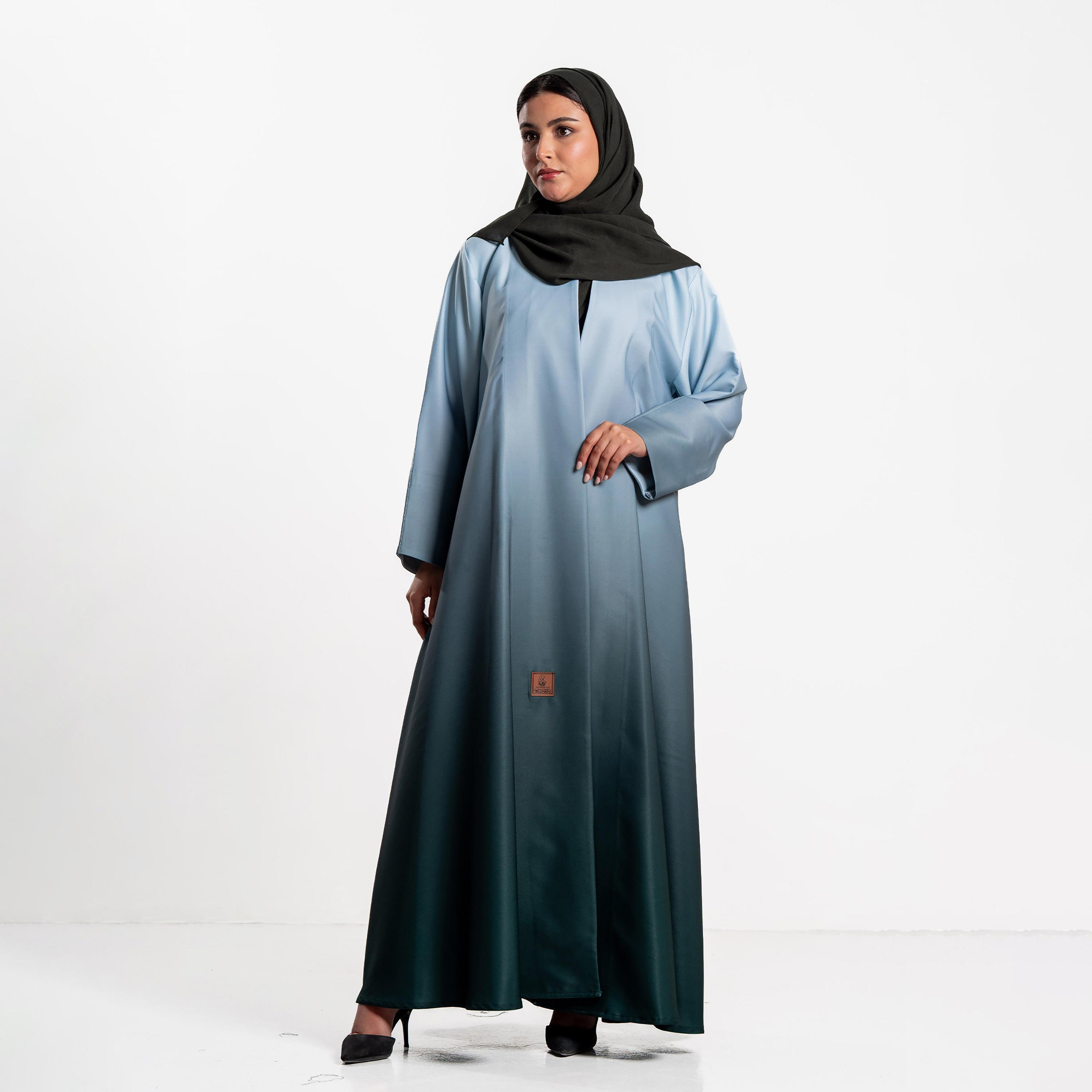 Zahiyh Sky Blue Ombre Effect Women's Flared Abaya with Hijab-women-arabicclothing-abayas-image-3