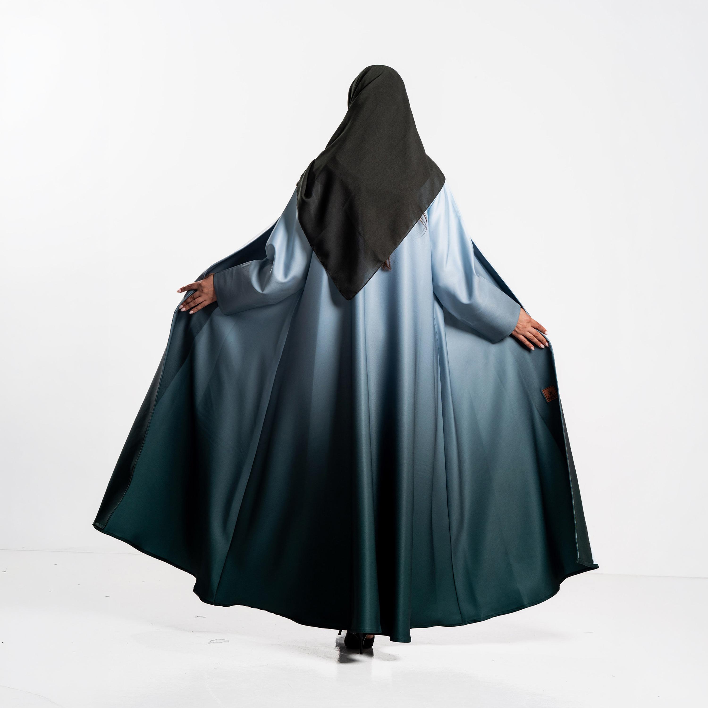 Zahiyh Sky Blue Ombre Effect Women's Flared Abaya with Hijab-women-arabicclothing-abayas-image-4