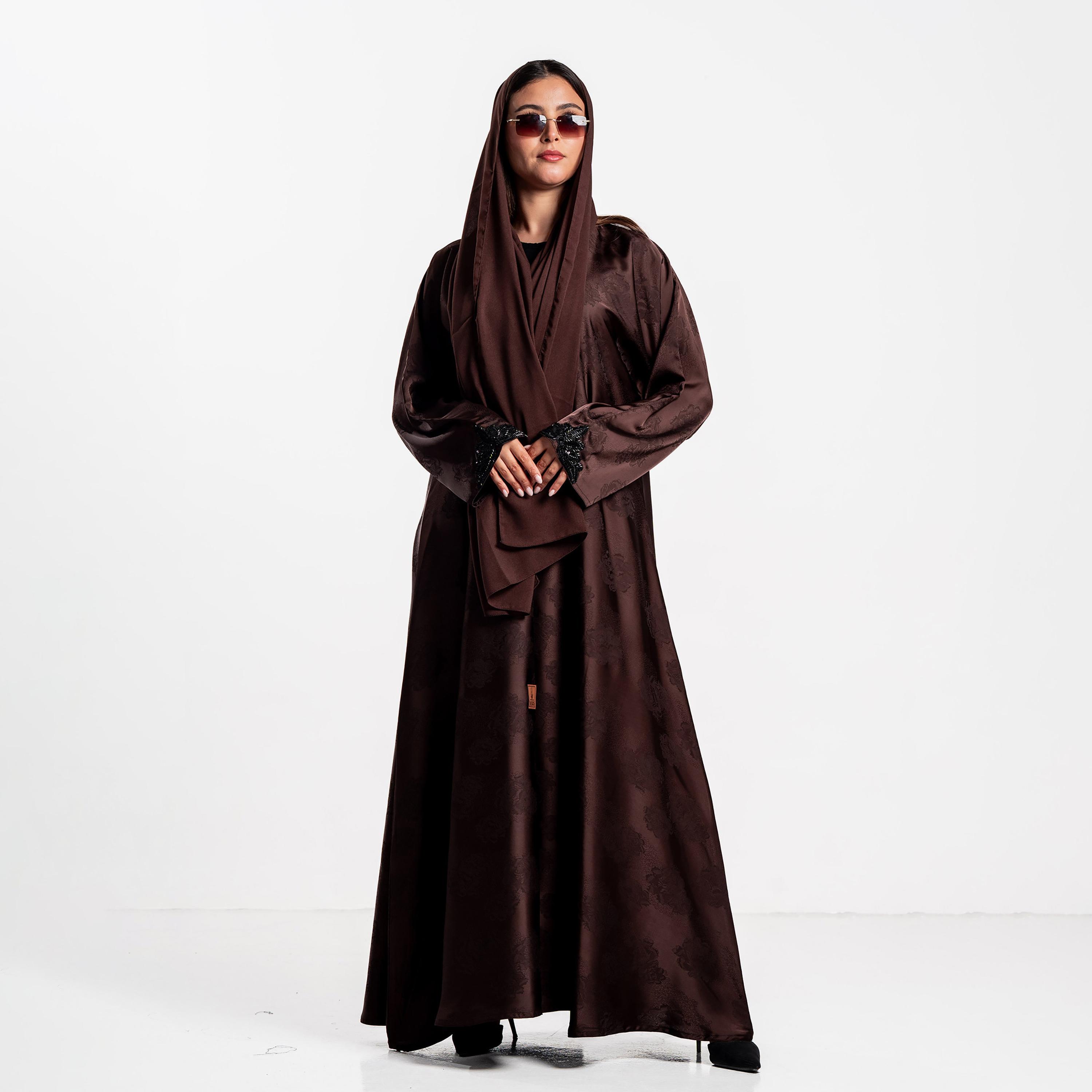 Zahiyh Brown Floral Print Women's Abaya with Hijab-women-arabicclothing-abayas-image-1
