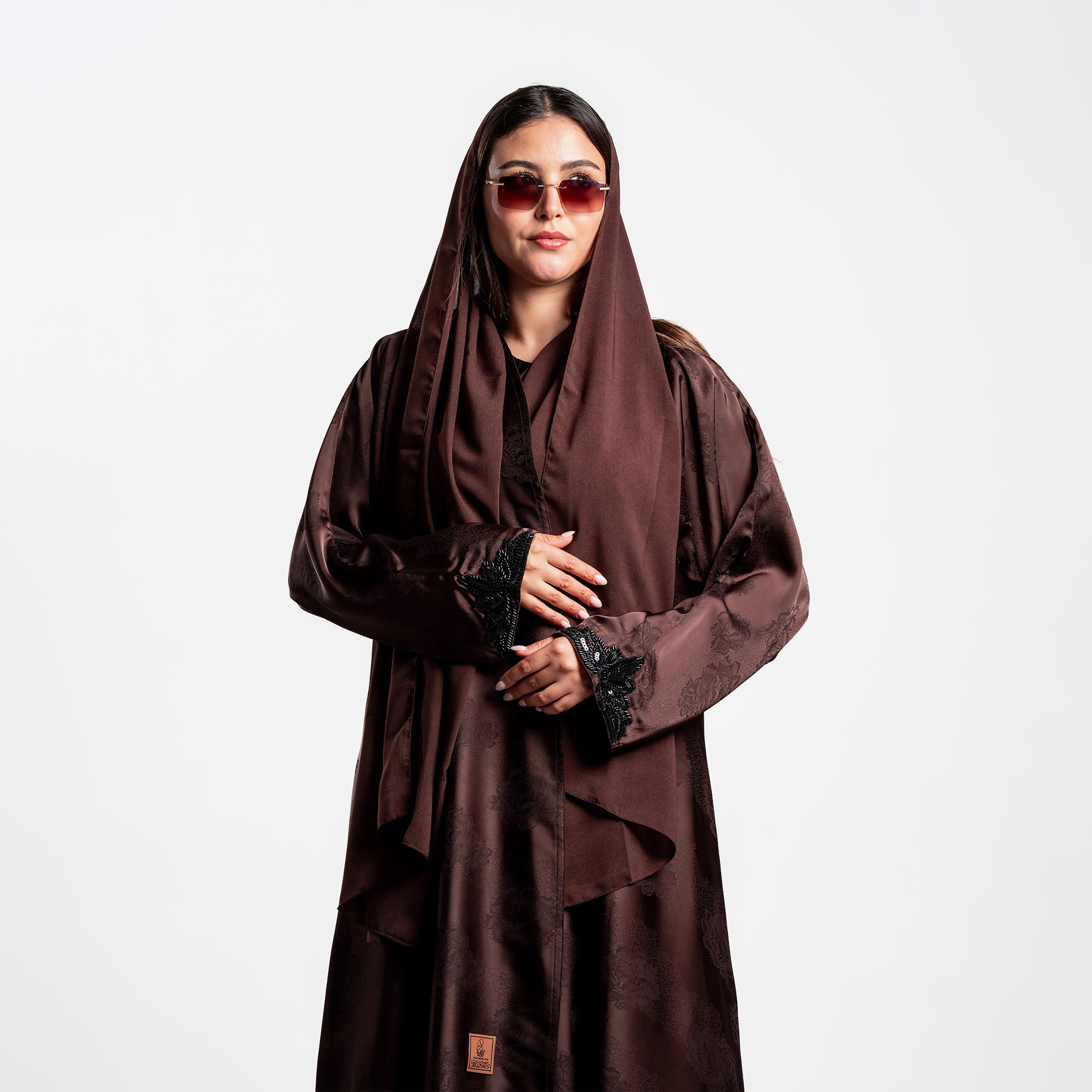Zahiyh Brown Floral Print Women's Abaya with Hijab-women-arabicclothing-abayas-image-2