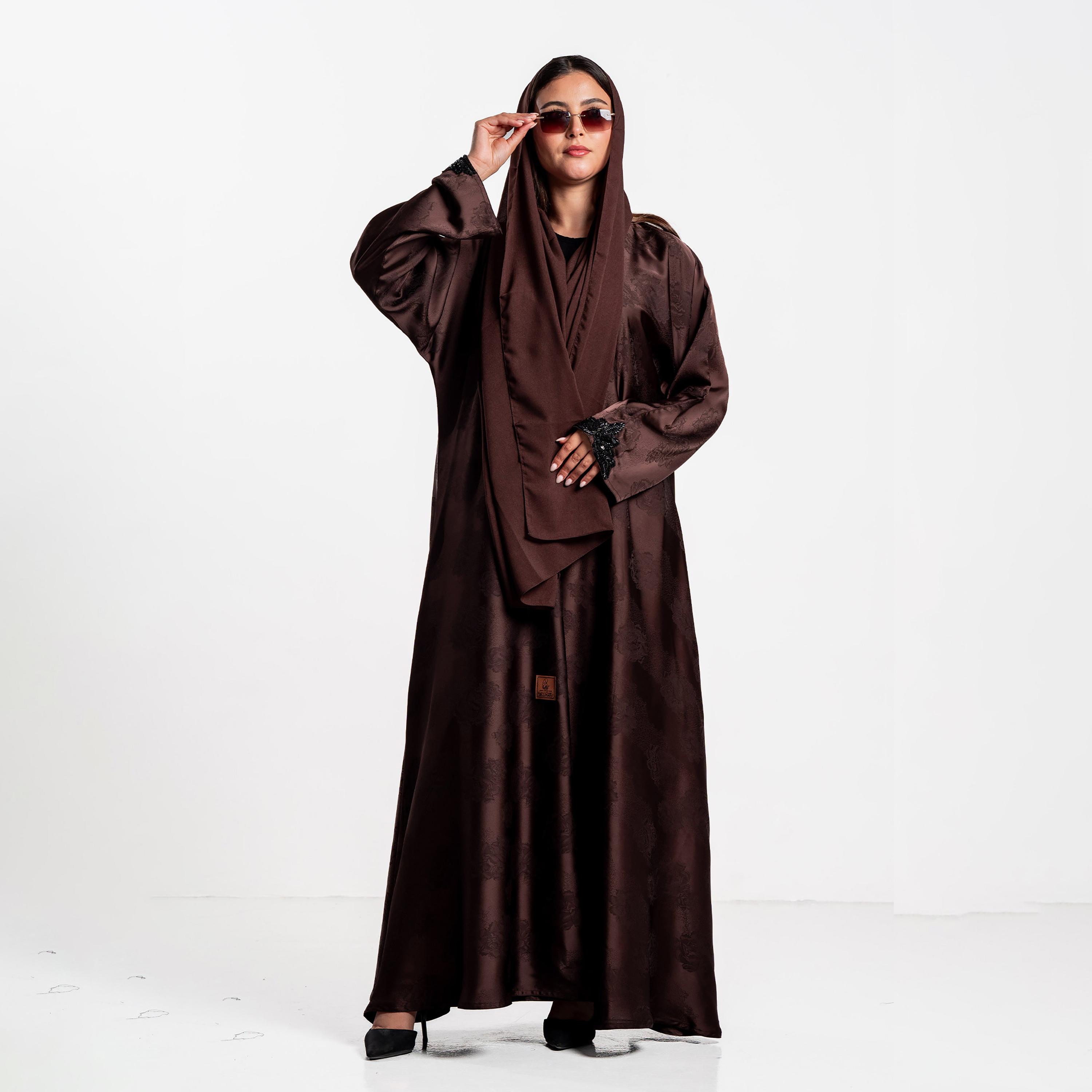 Zahiyh Brown Floral Print Women's Abaya with Hijab-women-arabicclothing-abayas-image-3