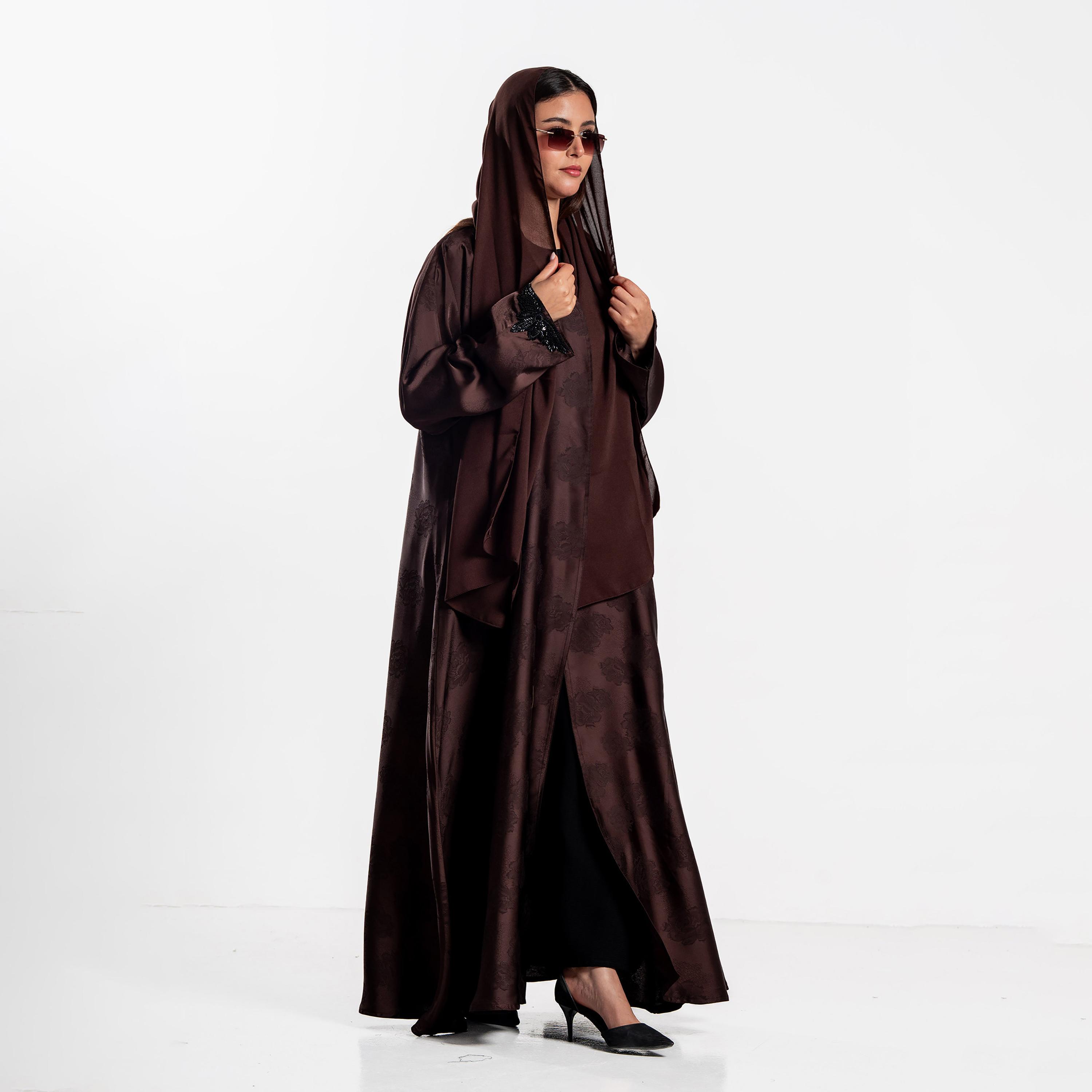 Zahiyh Brown Floral Print Women's Abaya with Hijab-women-arabicclothing-abayas-image-4