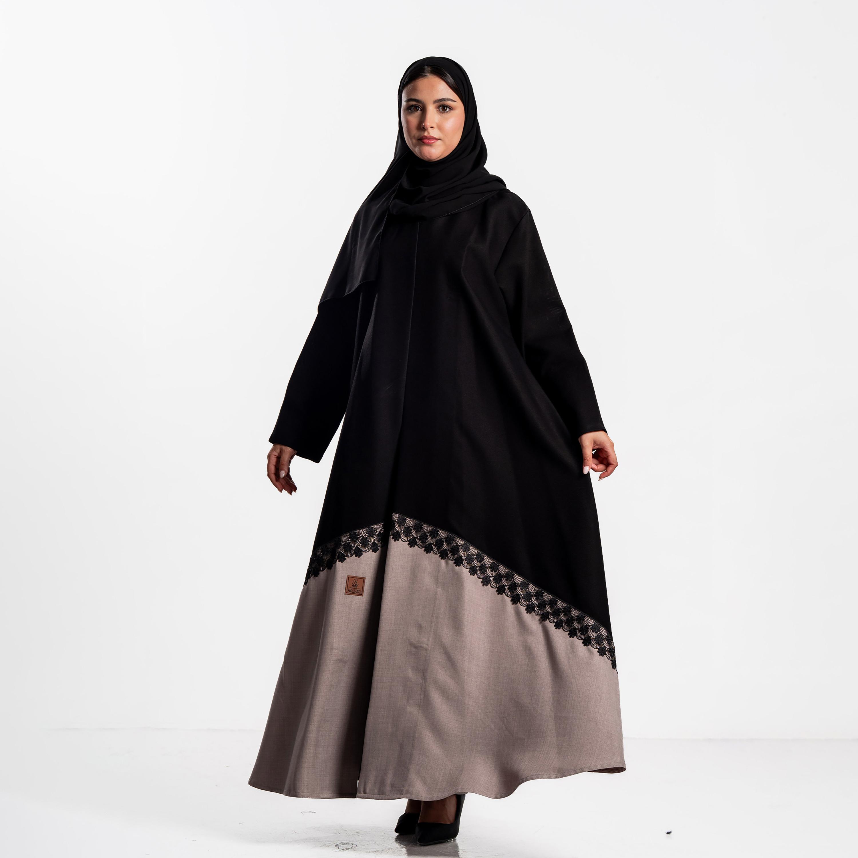 Zahiyh Black Colour-Blocked Women's Flared Abaya with Hijab-women-arabicclothing-abayas-image-1