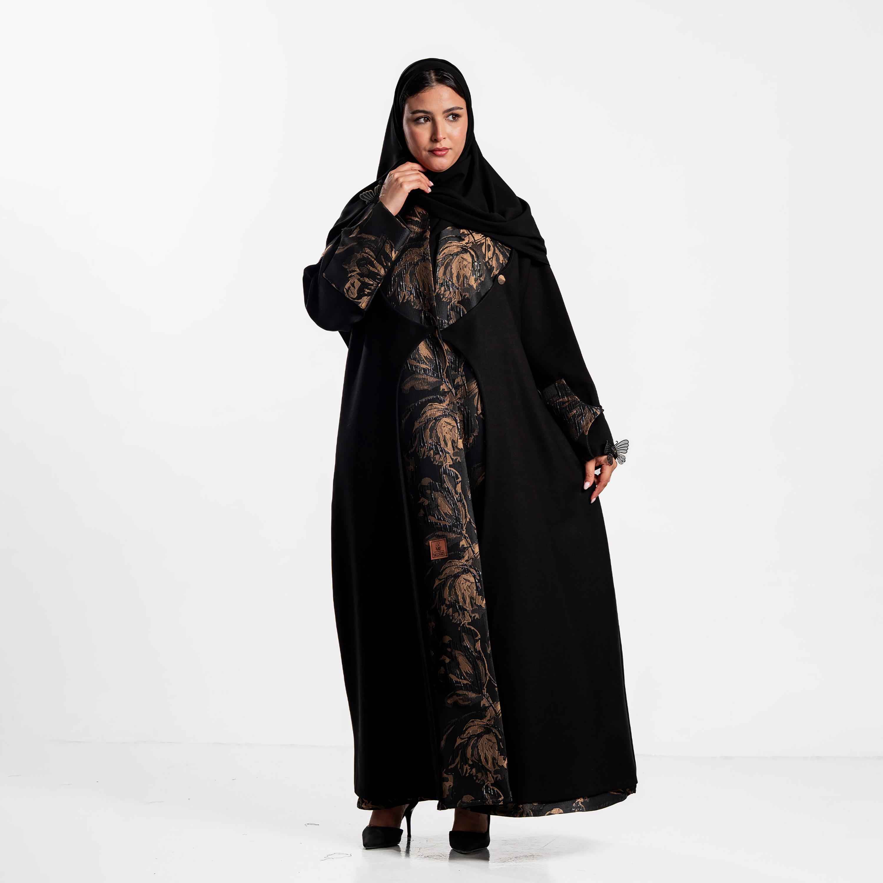 Zahiyh Black Jacquard Floral Women's Evening Abaya with Hijab-women-arabicclothing-abayas-image-1