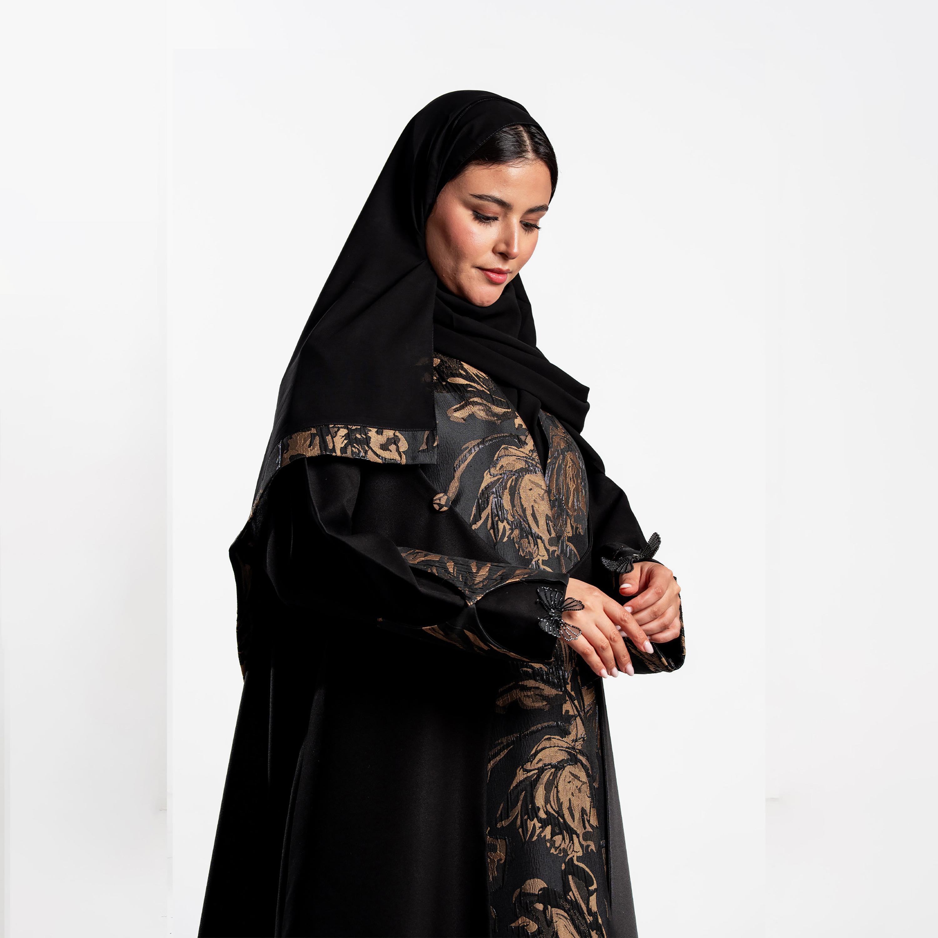 Zahiyh Black Jacquard Floral Women's Evening Abaya with Hijab-women-arabicclothing-abayas-image-2