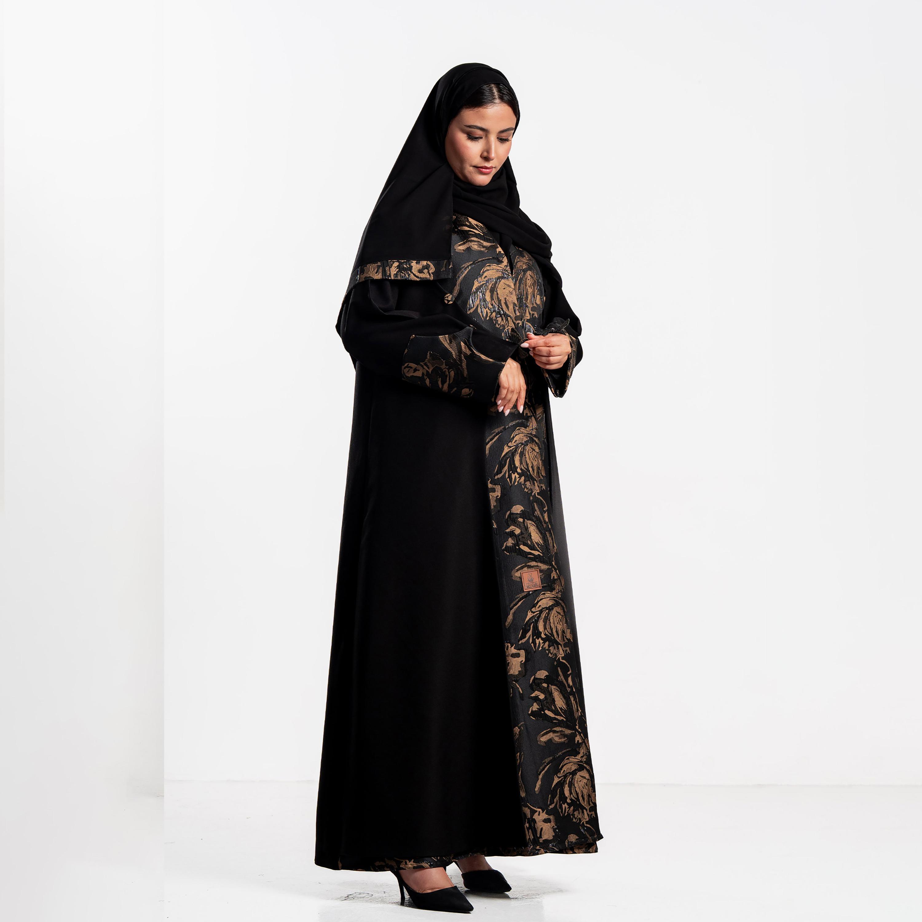 Zahiyh Black Jacquard Floral Women's Evening Abaya with Hijab-women-arabicclothing-abayas-image-3
