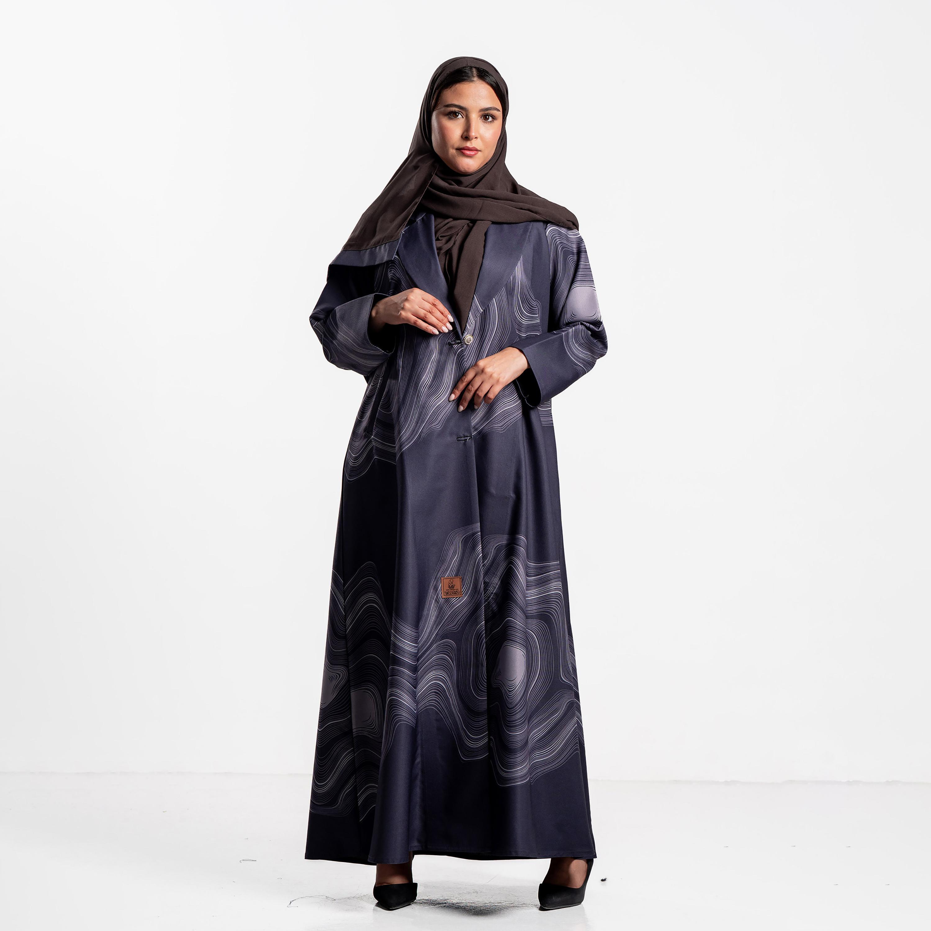 Zahiyh Abstract Wave Print Lapel Collar Women's Blazer Style Abaya with Hijab-women-arabicclothing-abayas-image-1