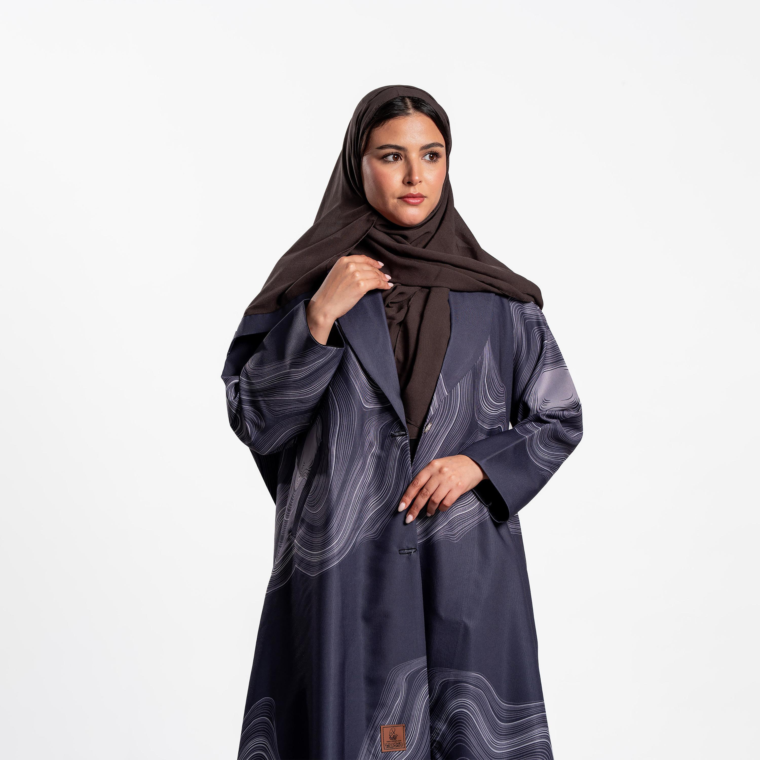 Zahiyh Abstract Wave Print Lapel Collar Women's Blazer Style Abaya with Hijab-women-arabicclothing-abayas-image-2