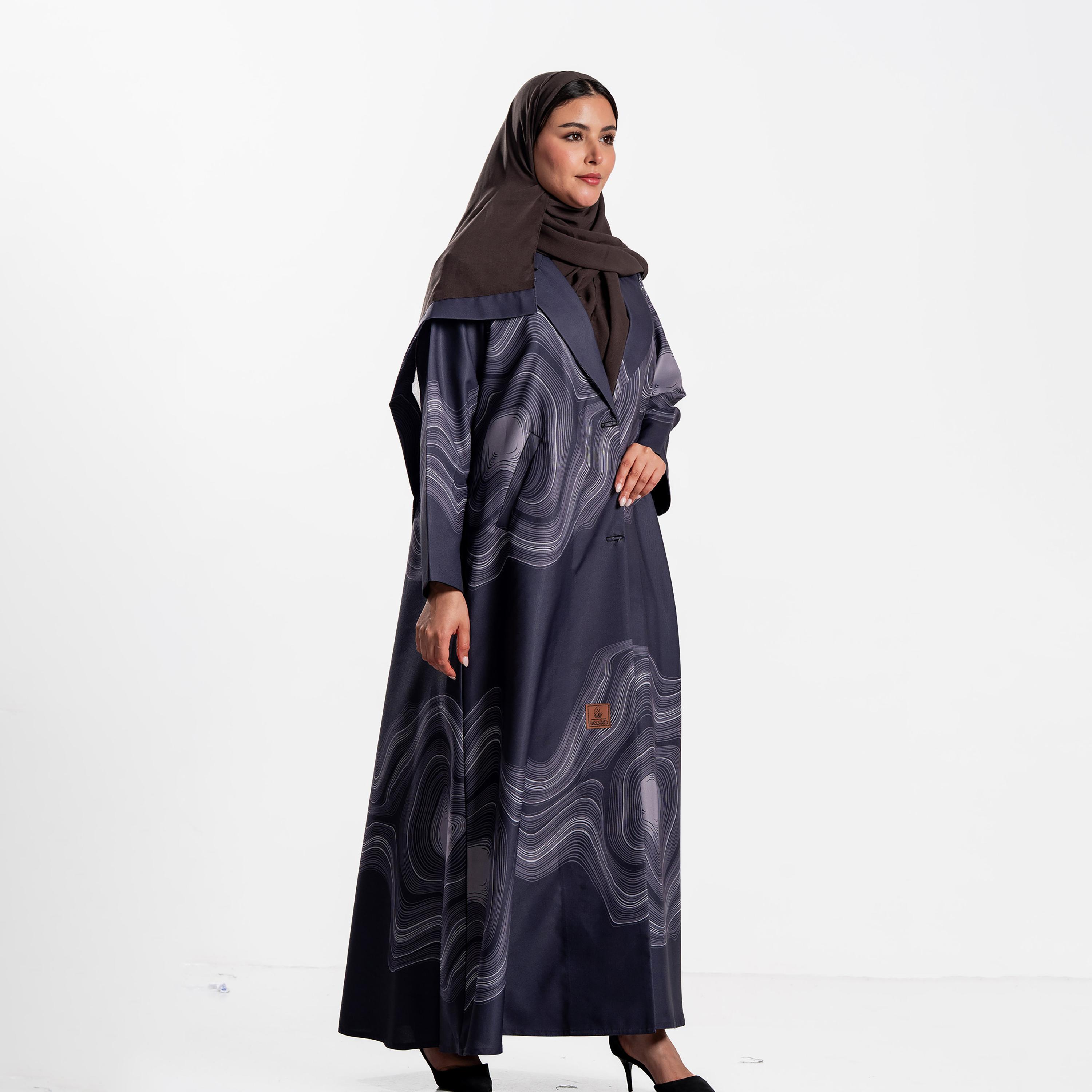 Zahiyh Abstract Wave Print Lapel Collar Women's Blazer Style Abaya with Hijab-women-arabicclothing-abayas-image-3