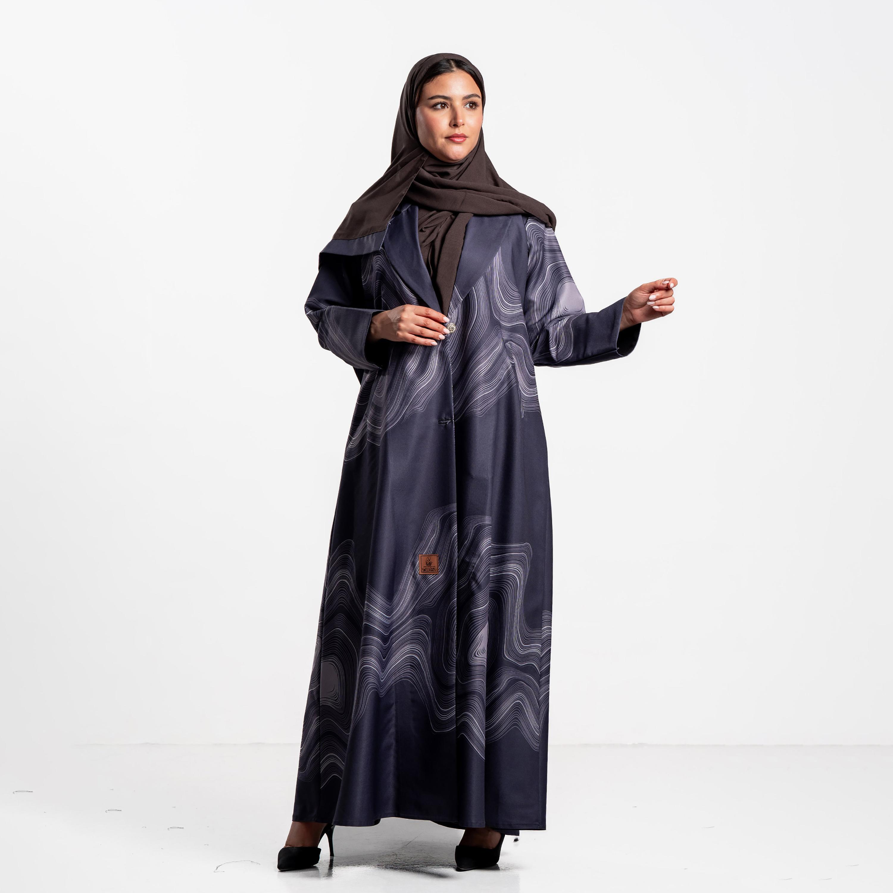 Zahiyh Abstract Wave Print Lapel Collar Women's Blazer Style Abaya with Hijab-women-arabicclothing-abayas-image-4