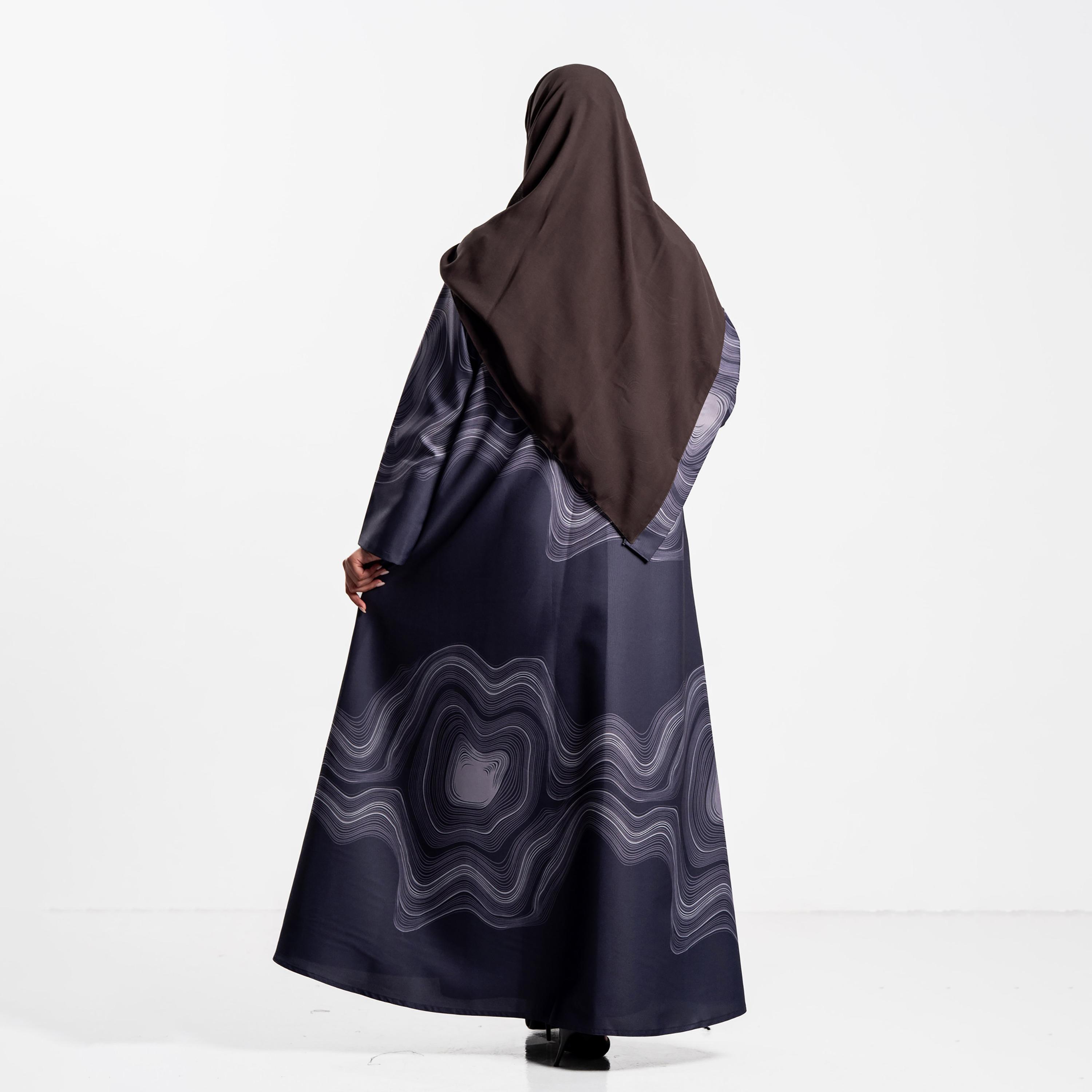 Zahiyh Abstract Wave Print Lapel Collar Women's Blazer Style Abaya with Hijab-women-arabicclothing-abayas-image-5