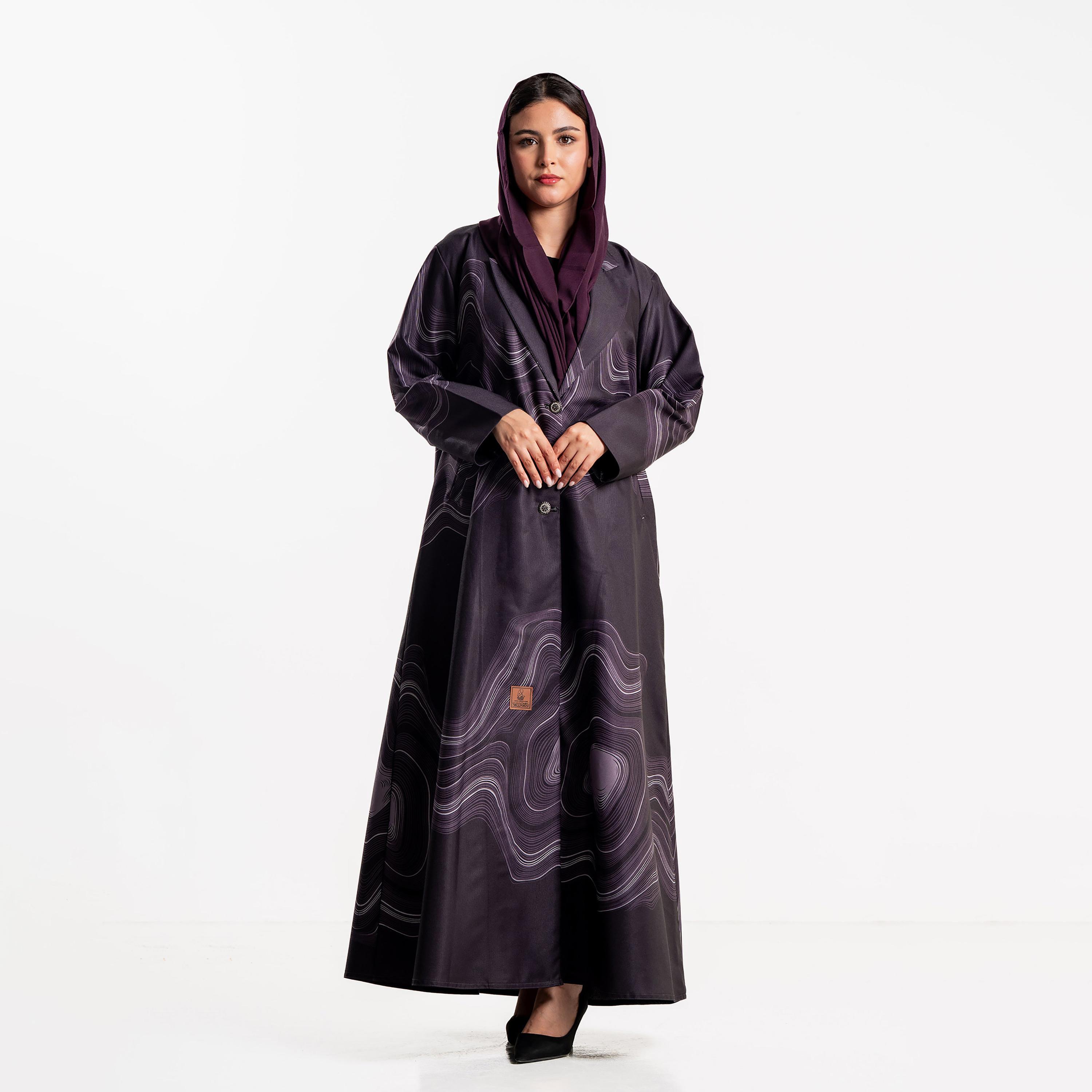 Zahiyh Abstract Wave Print Lapel Collar Women's Blazer Style Abaya with Hijab-women-arabicclothing-abayas-image-1