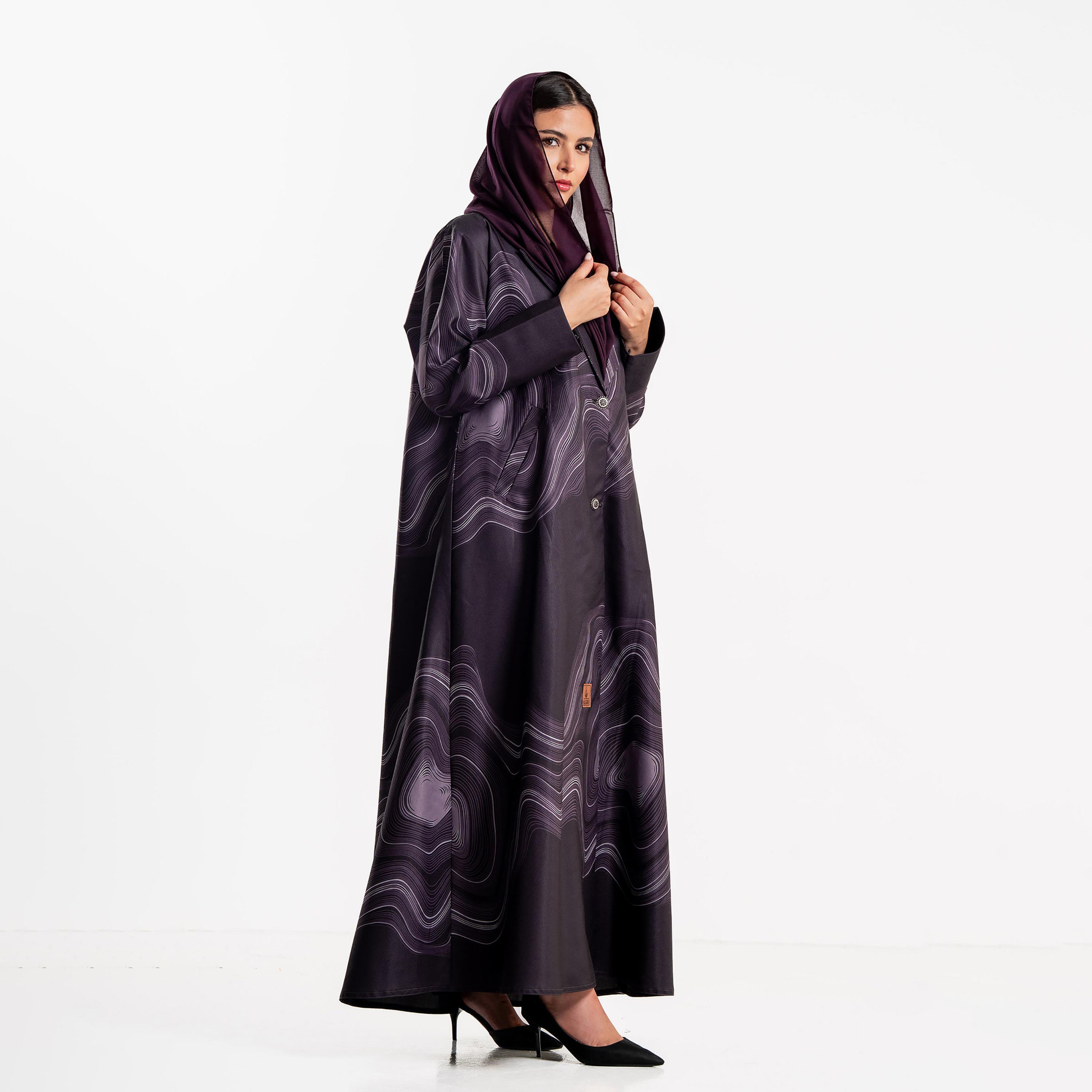 Zahiyh Abstract Wave Print Lapel Collar Women's Blazer Style Abaya with Hijab-women-arabicclothing-abayas-image-2