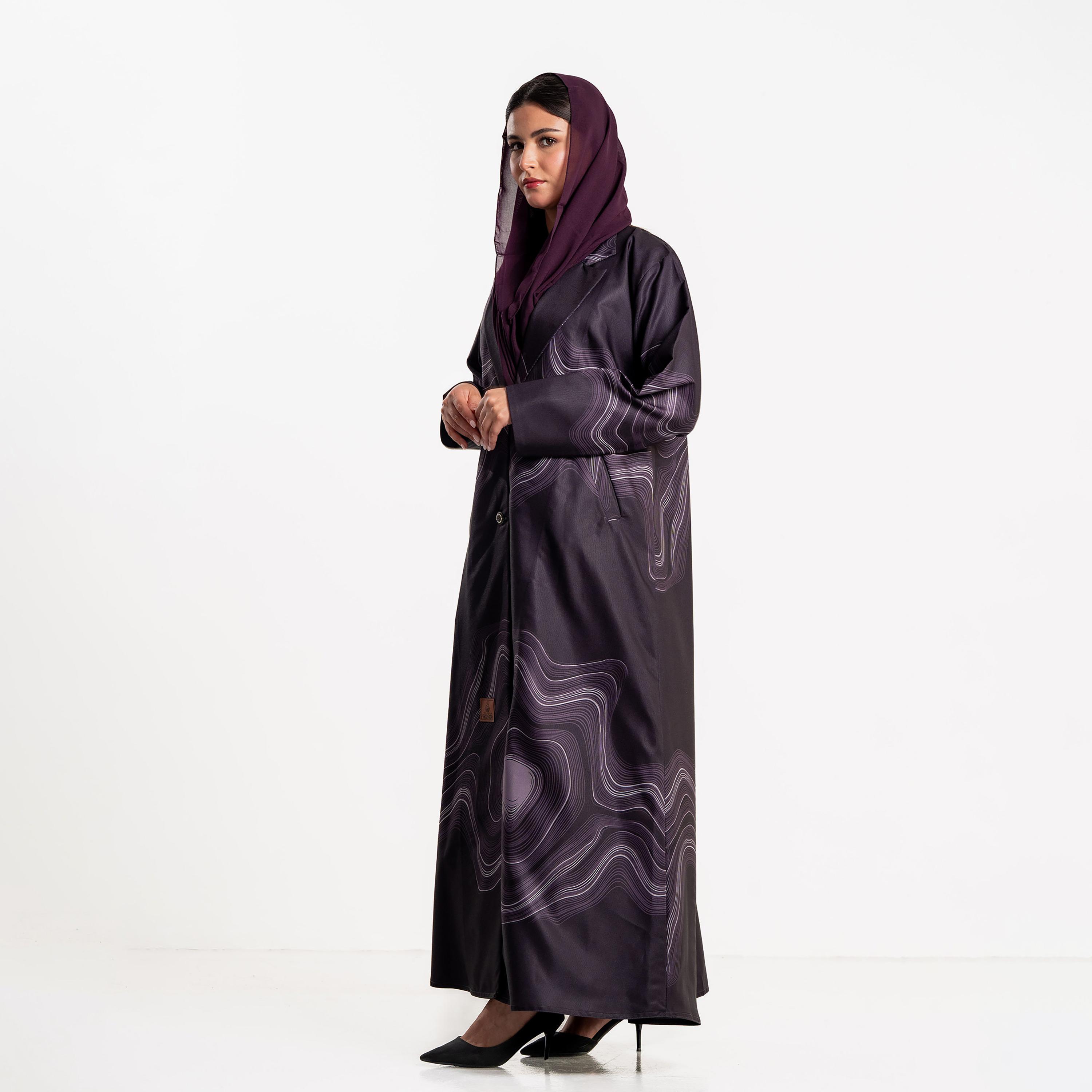 Zahiyh Abstract Wave Print Lapel Collar Women's Blazer Style Abaya with Hijab-women-arabicclothing-abayas-image-3