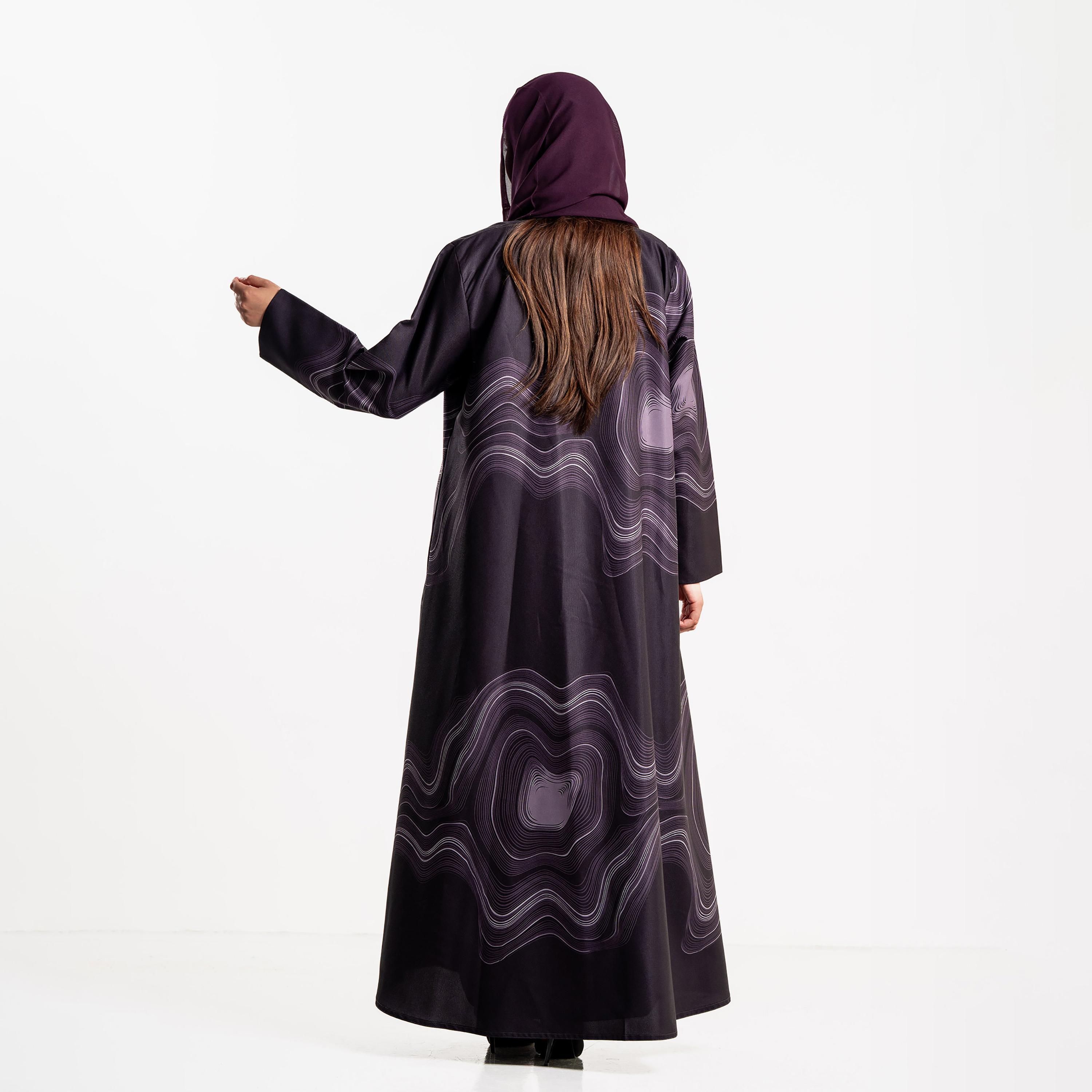 Zahiyh Abstract Wave Print Lapel Collar Women's Blazer Style Abaya with Hijab-women-arabicclothing-abayas-image-4