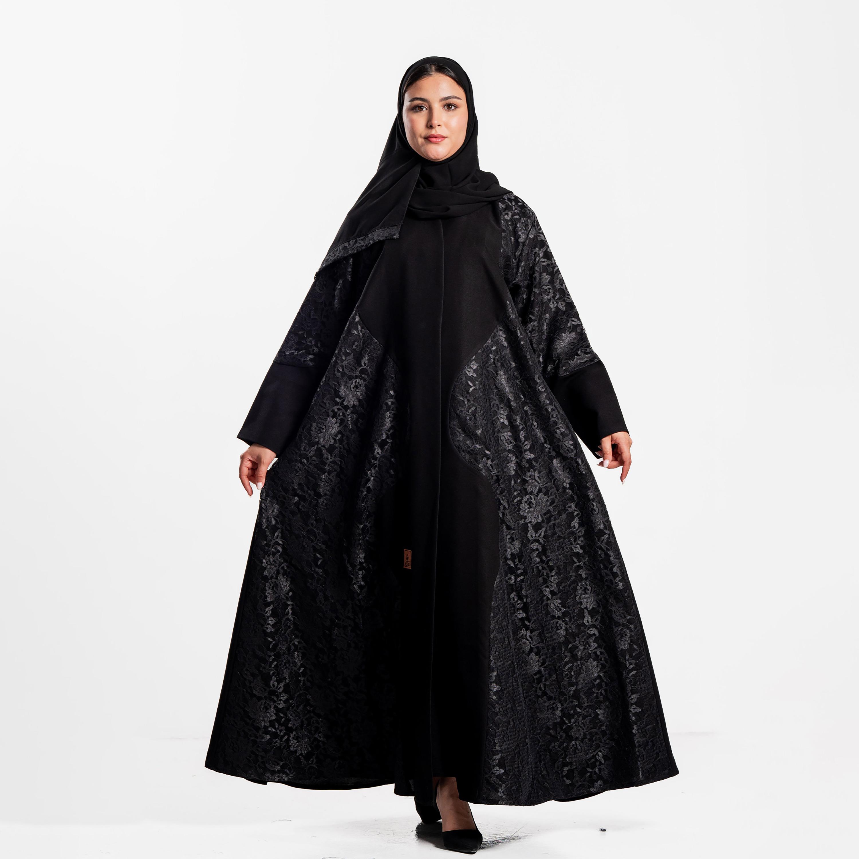 Zahiyh Black Lace Panelled Wide Cuff Sleeves Women's Evening Abaya with Hijab-women-arabicclothing-abayas-image-1
