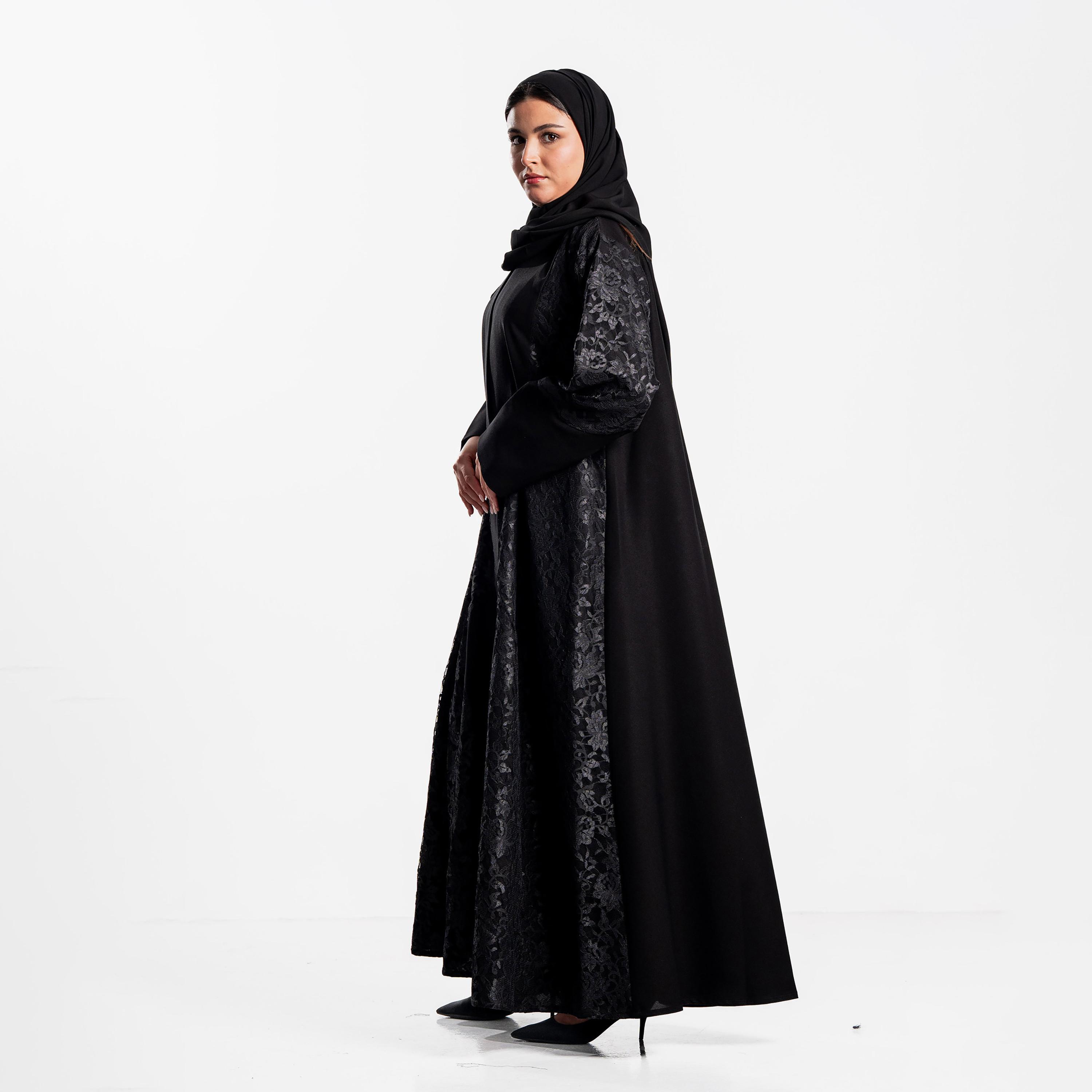 Zahiyh Black Lace Panelled Wide Cuff Sleeves Women's Evening Abaya with Hijab-women-arabicclothing-abayas-image-2
