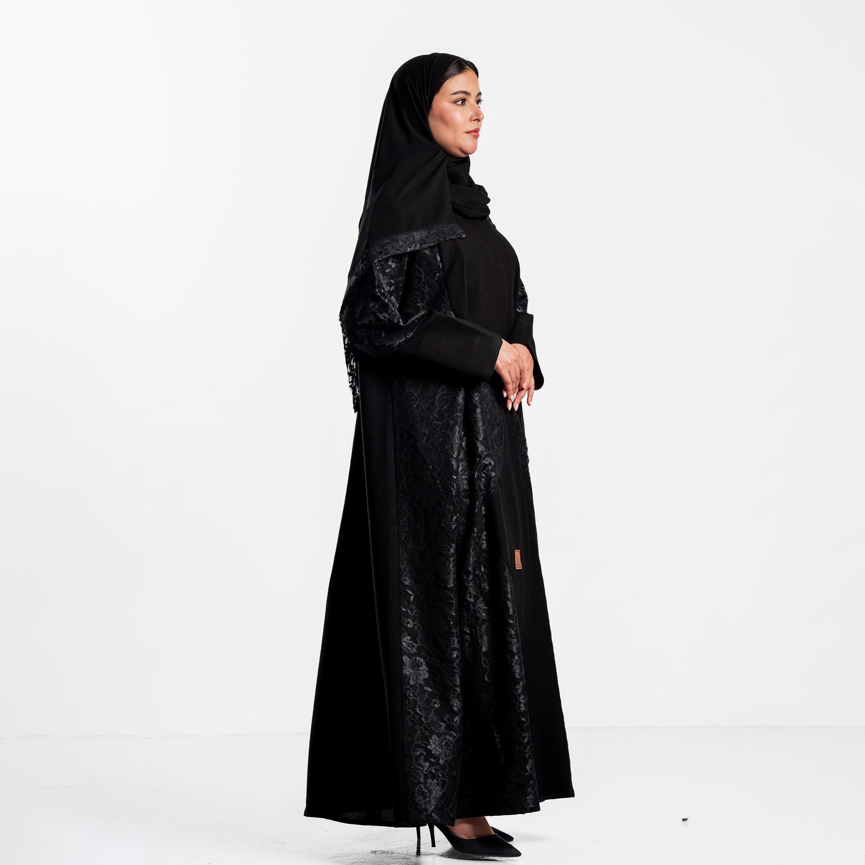 Zahiyh Black Lace Panelled Wide Cuff Sleeves Women's Evening Abaya with Hijab-women-arabicclothing-abayas-image-3