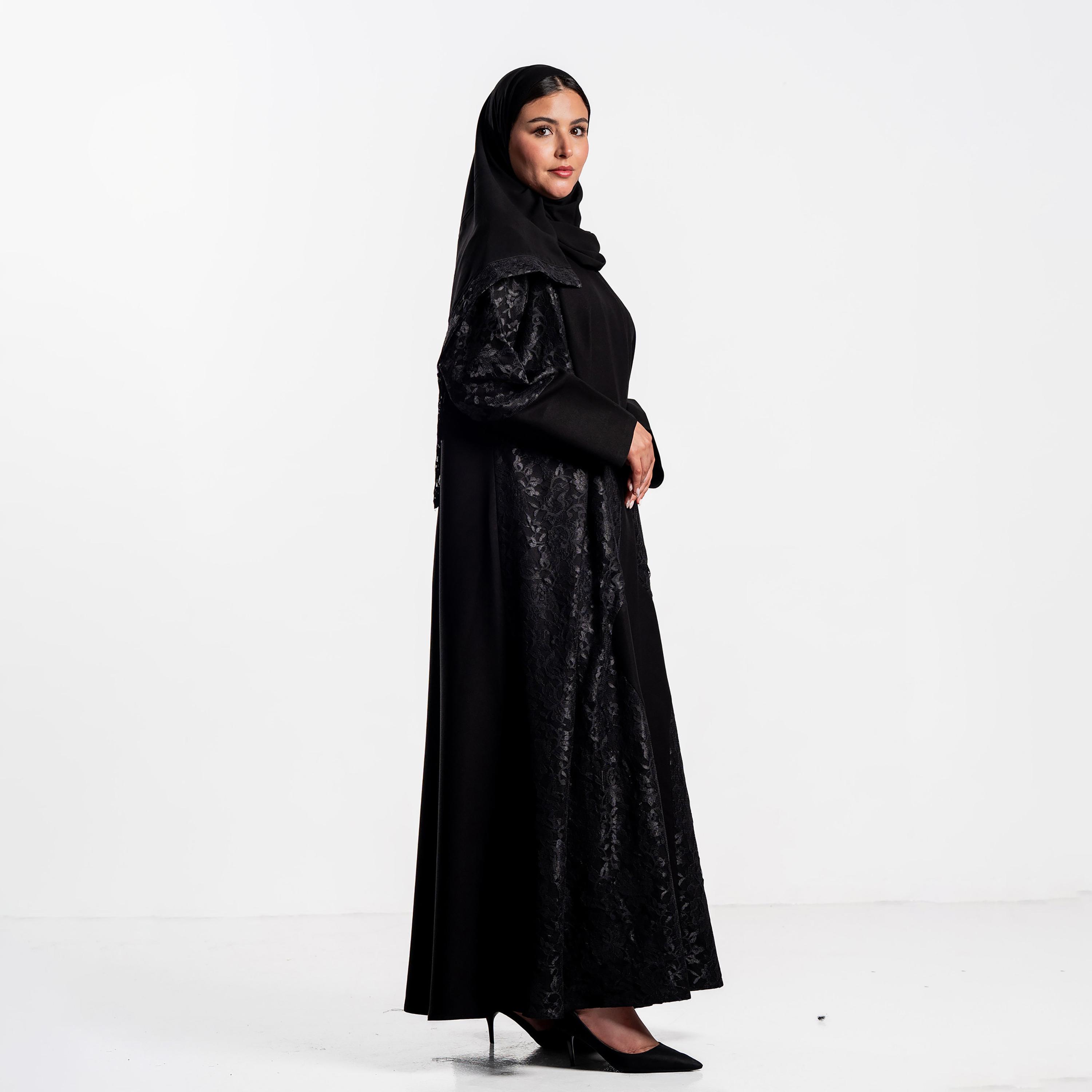 Zahiyh Black Lace Panelled Wide Cuff Sleeves Women's Evening Abaya with Hijab-women-arabicclothing-abayas-image-4