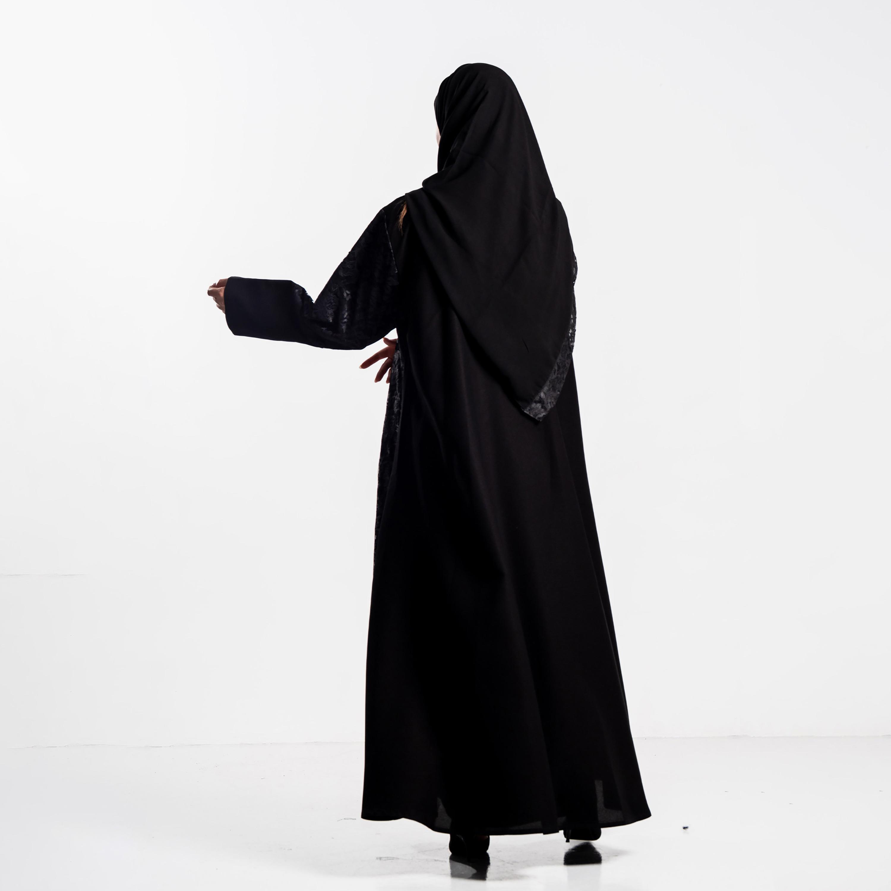 Zahiyh Black Lace Panelled Wide Cuff Sleeves Women's Evening Abaya with Hijab-women-arabicclothing-abayas-image-5