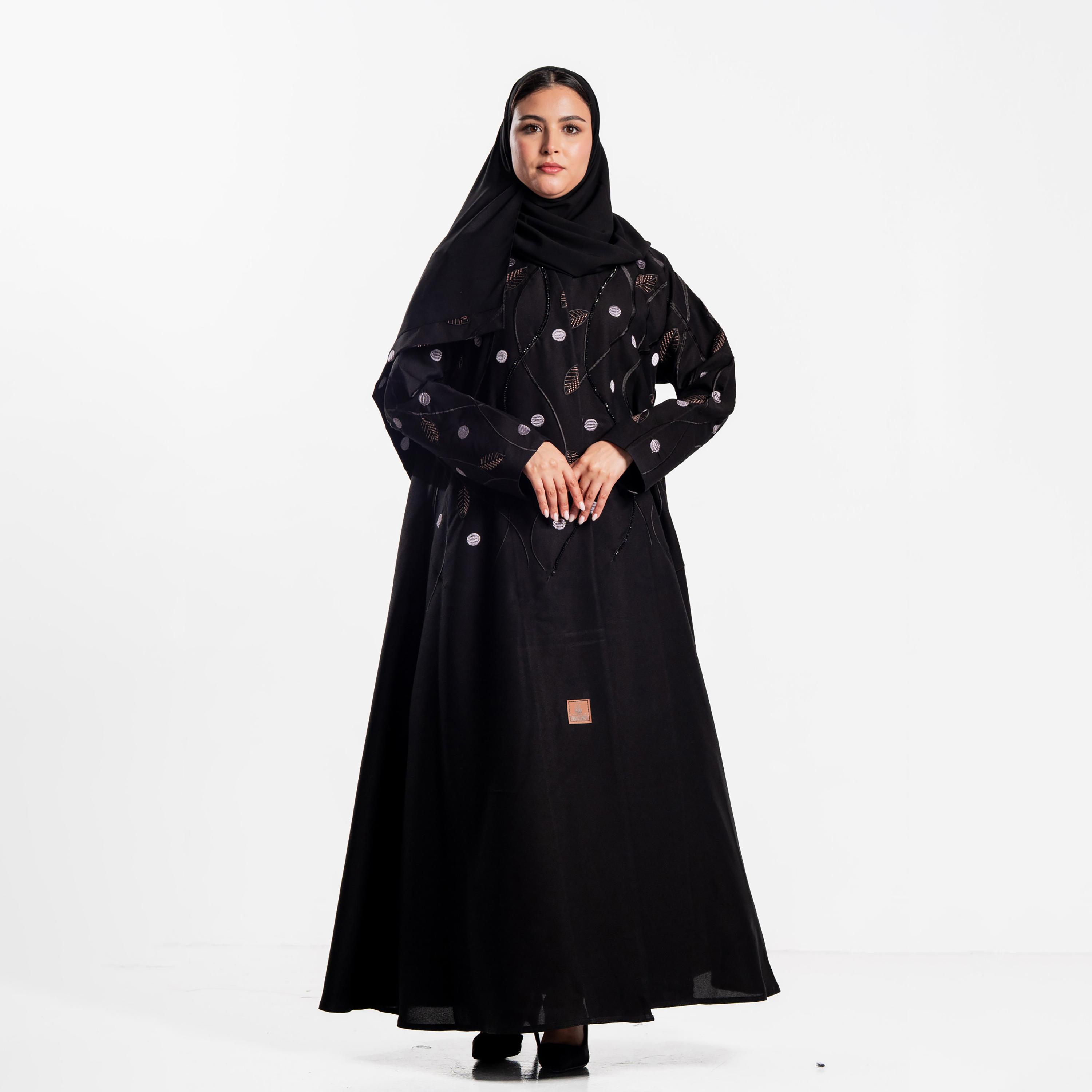 Zahiyh Vine Embroidered Women's Evening Flared Abaya with Hijab-women-arabicclothing-abayas-image-1