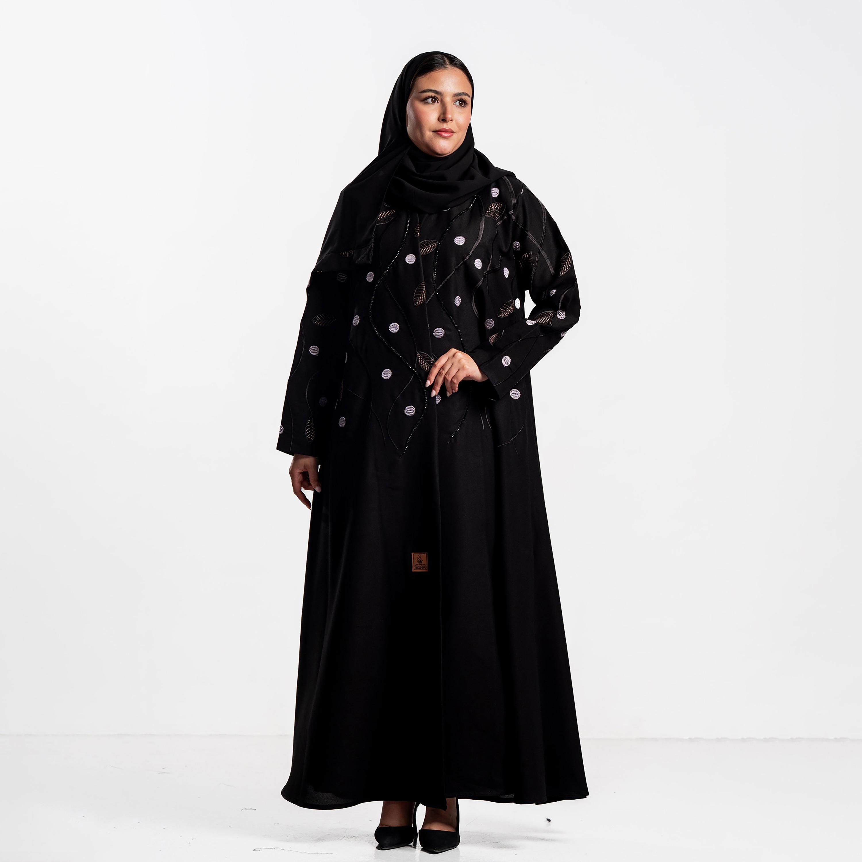 Zahiyh Vine Embroidered Women's Evening Flared Abaya with Hijab-women-arabicclothing-abayas-image-2