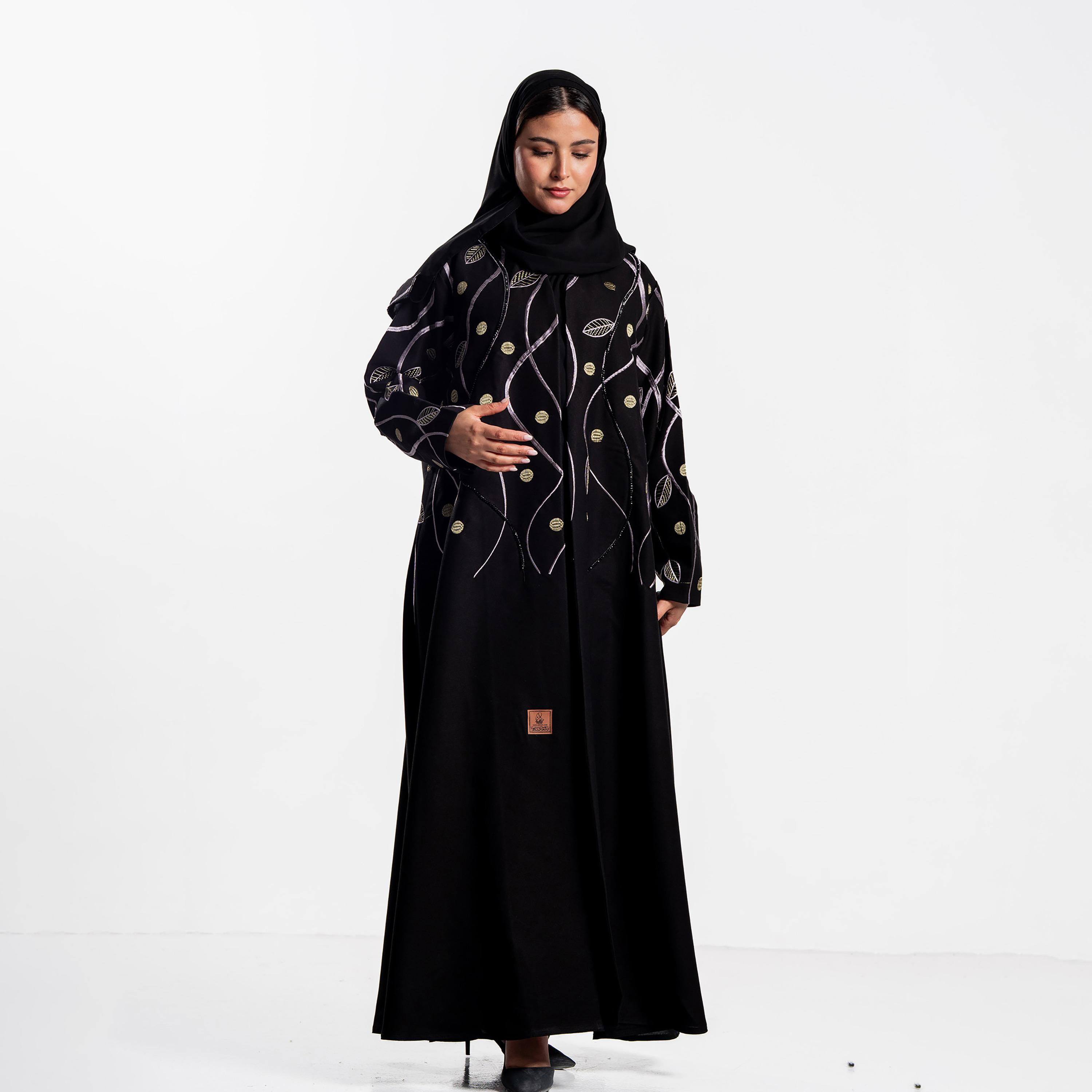 Zahiyh Vine Embroidered Women's Evening Flared Abaya with Hijab-women-arabicclothing-abayas-image-1