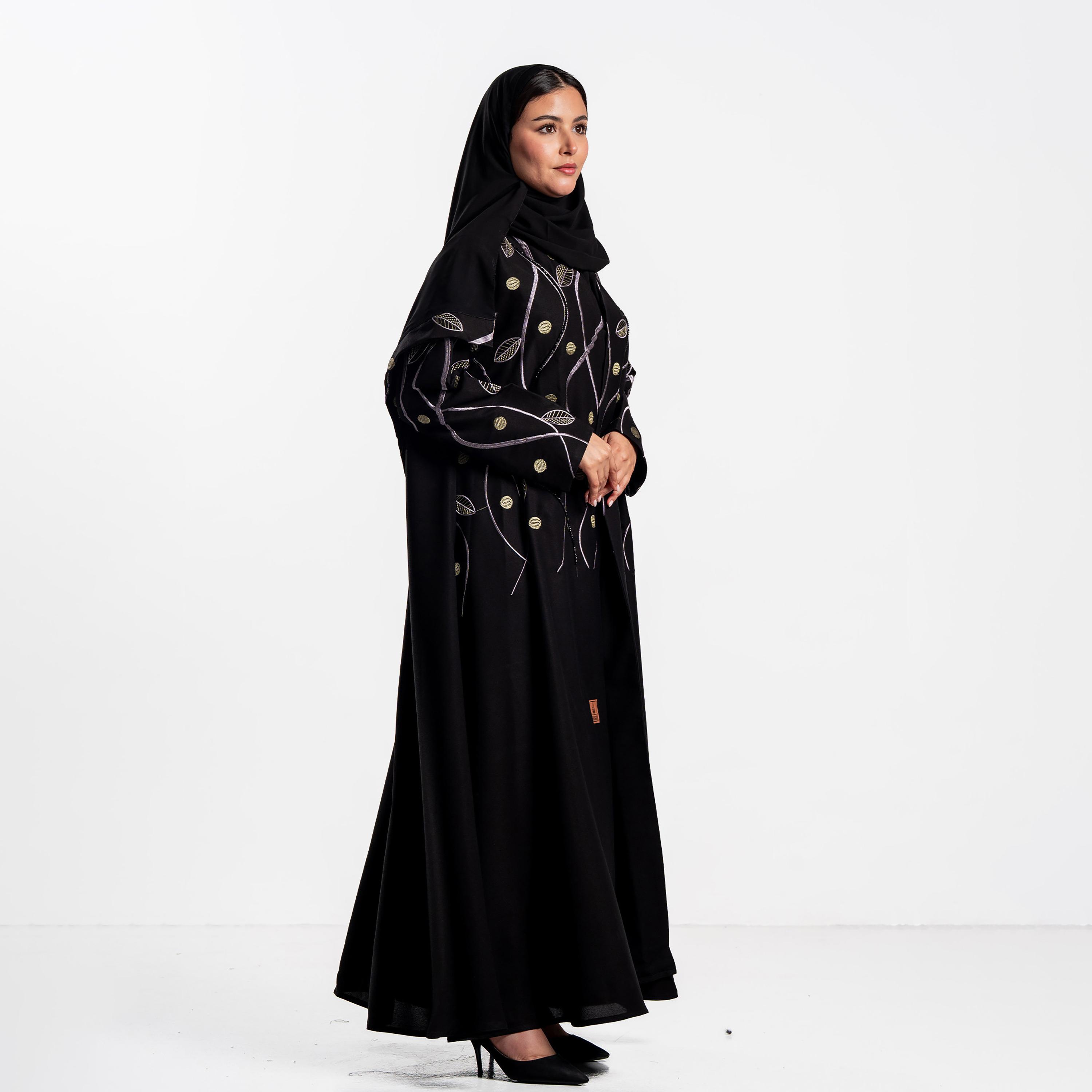 Zahiyh Vine Embroidered Women's Evening Flared Abaya with Hijab-women-arabicclothing-abayas-image-2