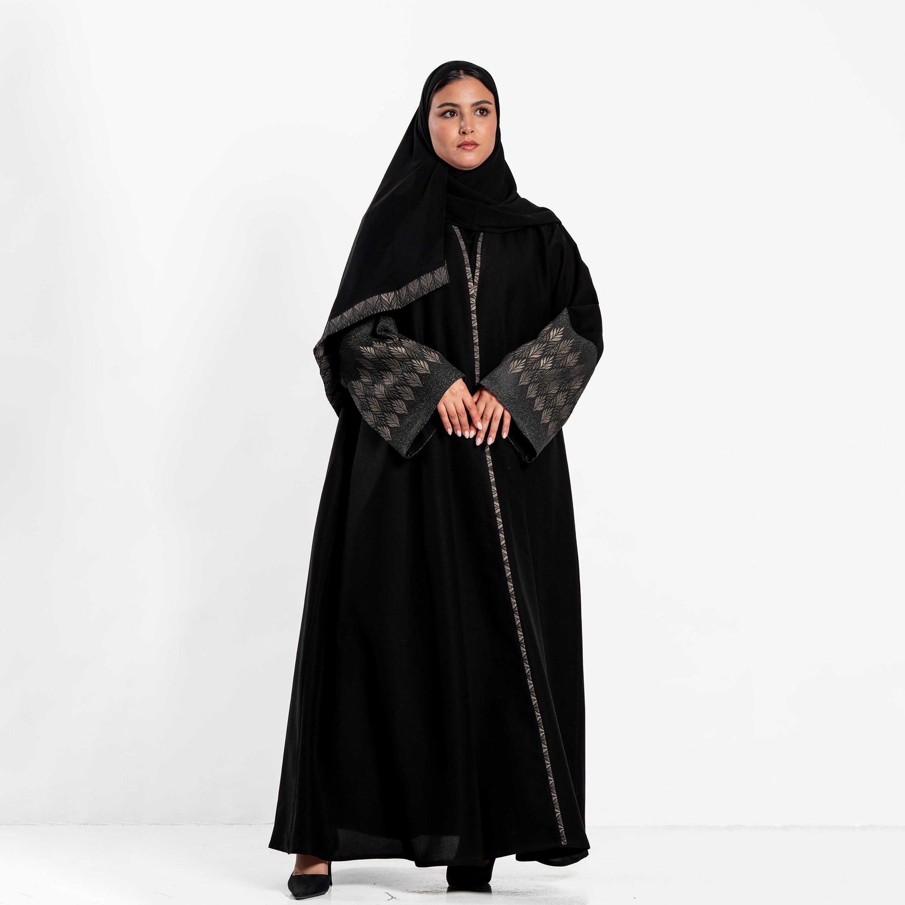 Zahiyh Black Jacquard Leaf Wide Sleeves Women's Flared Abaya with Hijab-women-arabicclothing-abayas-image-1