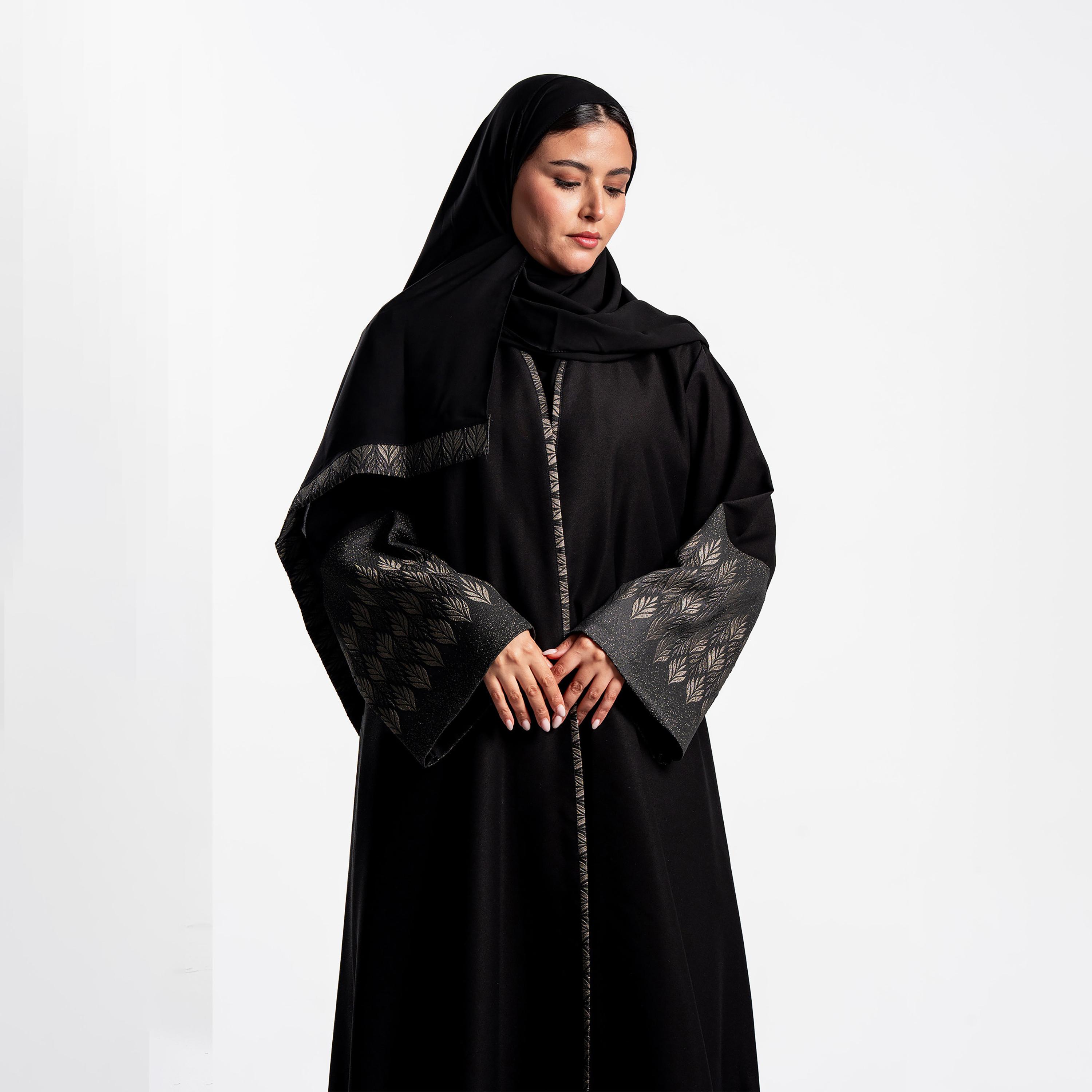 Zahiyh Black Jacquard Leaf Wide Sleeves Women's Flared Abaya with Hijab-women-arabicclothing-abayas-image-2