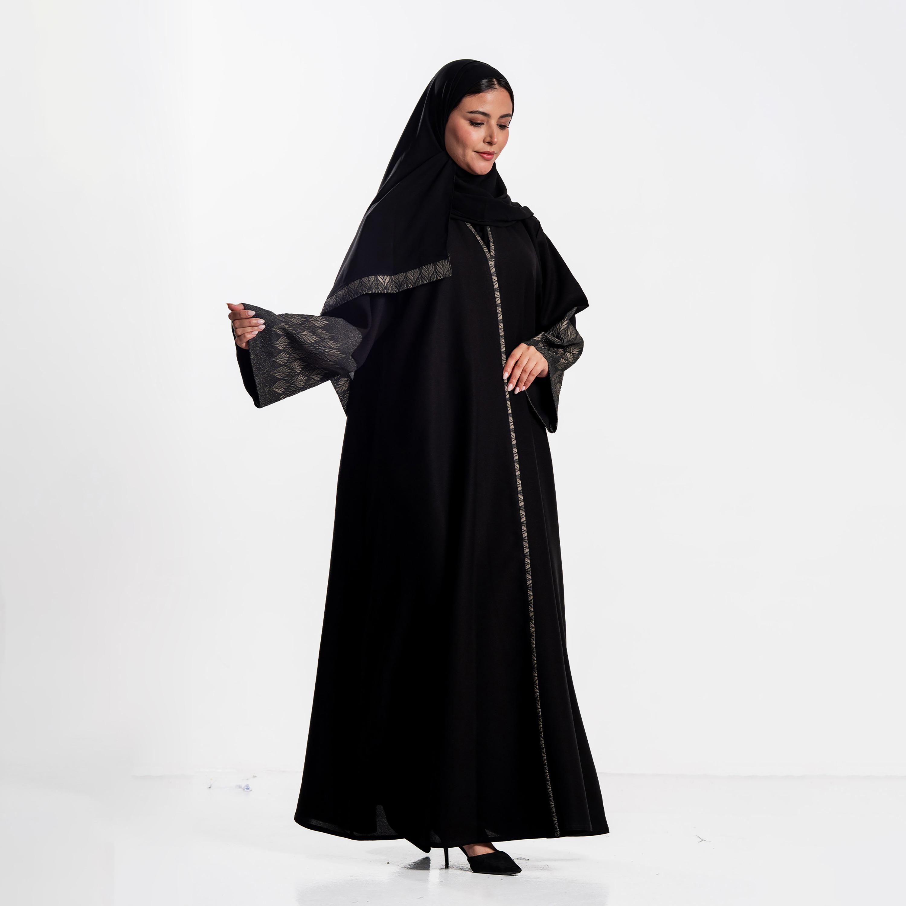 Zahiyh Black Jacquard Leaf Wide Sleeves Women's Flared Abaya with Hijab-women-arabicclothing-abayas-image-3