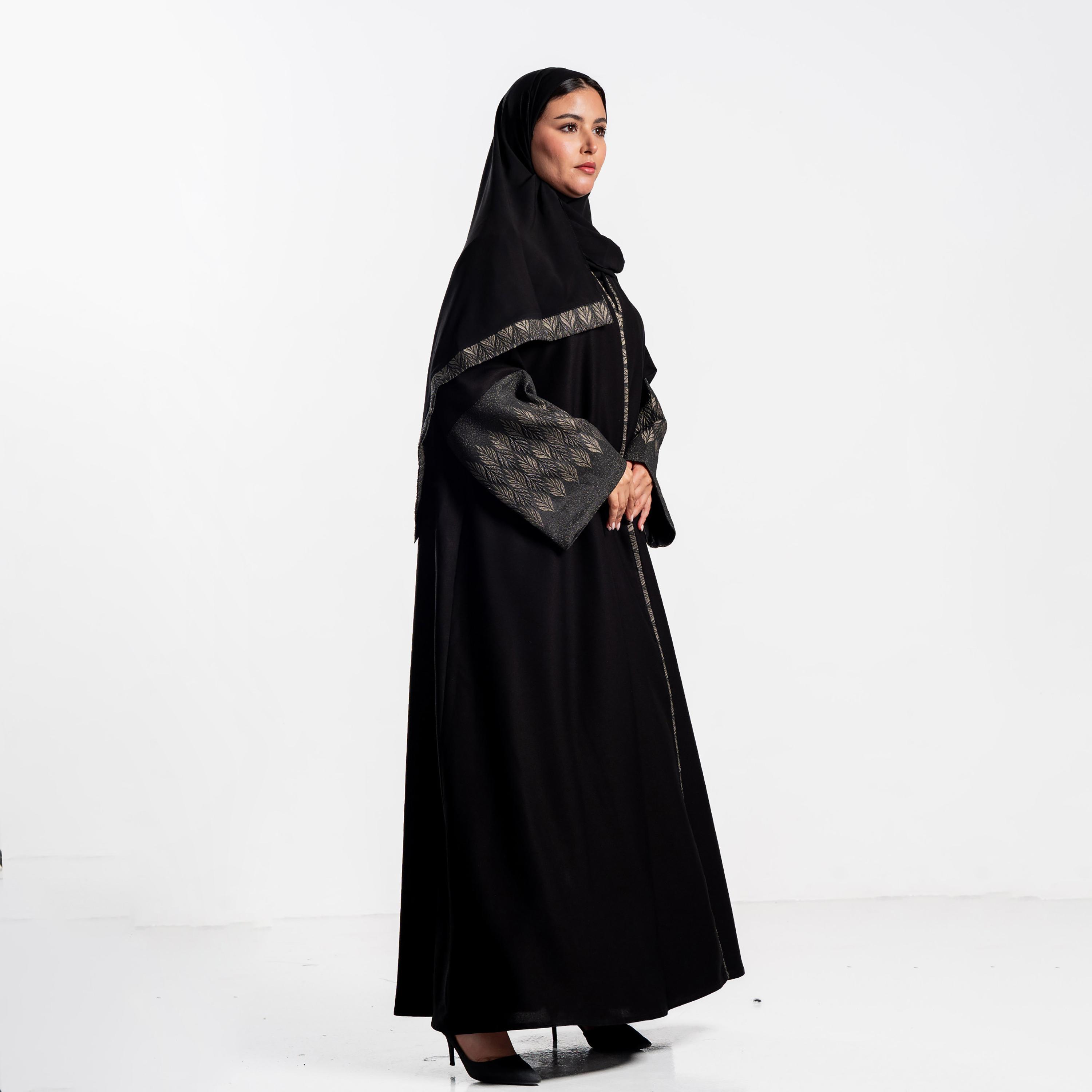 Zahiyh Black Jacquard Leaf Wide Sleeves Women's Flared Abaya with Hijab-women-arabicclothing-abayas-image-4