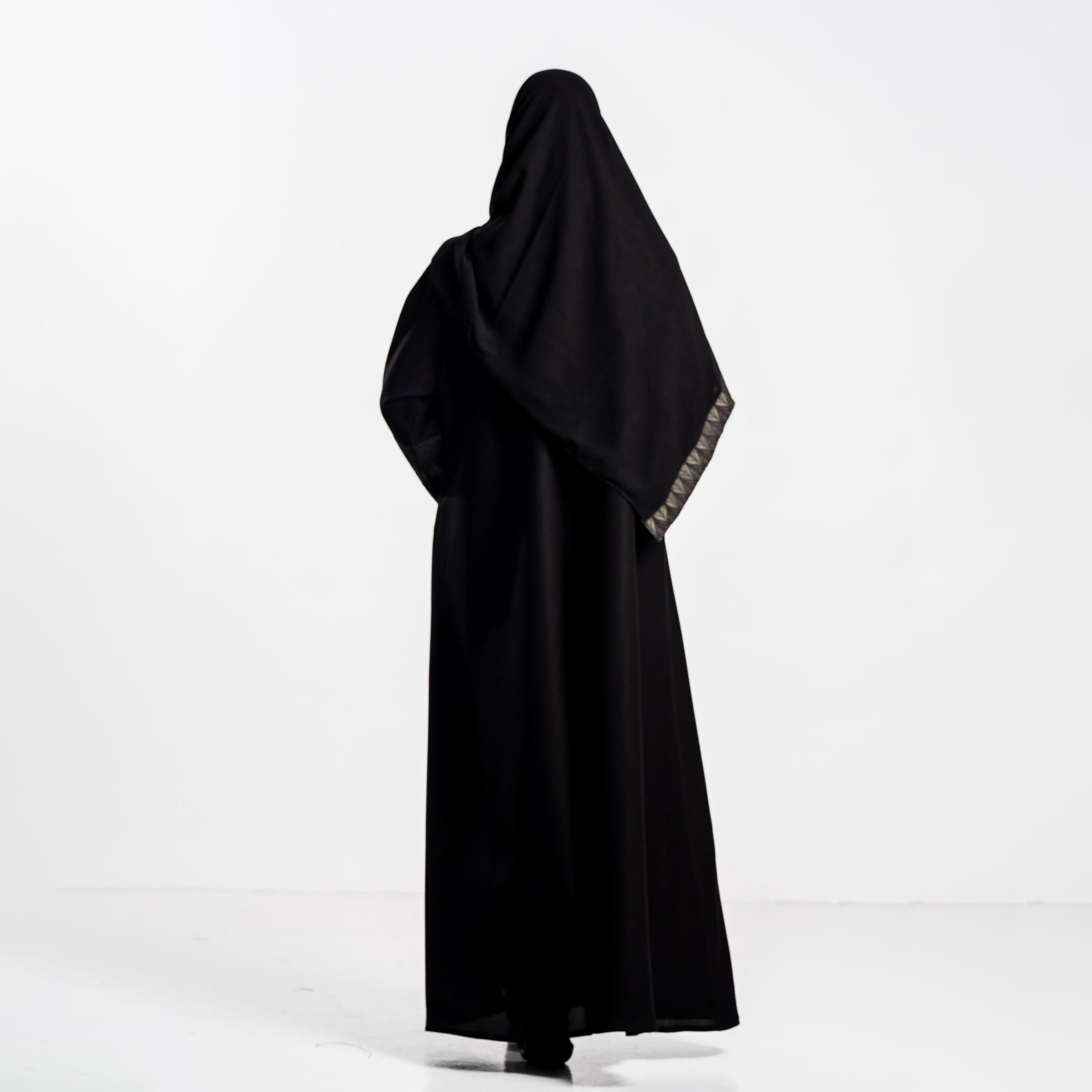 Zahiyh Black Jacquard Leaf Wide Sleeves Women's Flared Abaya with Hijab-women-arabicclothing-abayas-image-5