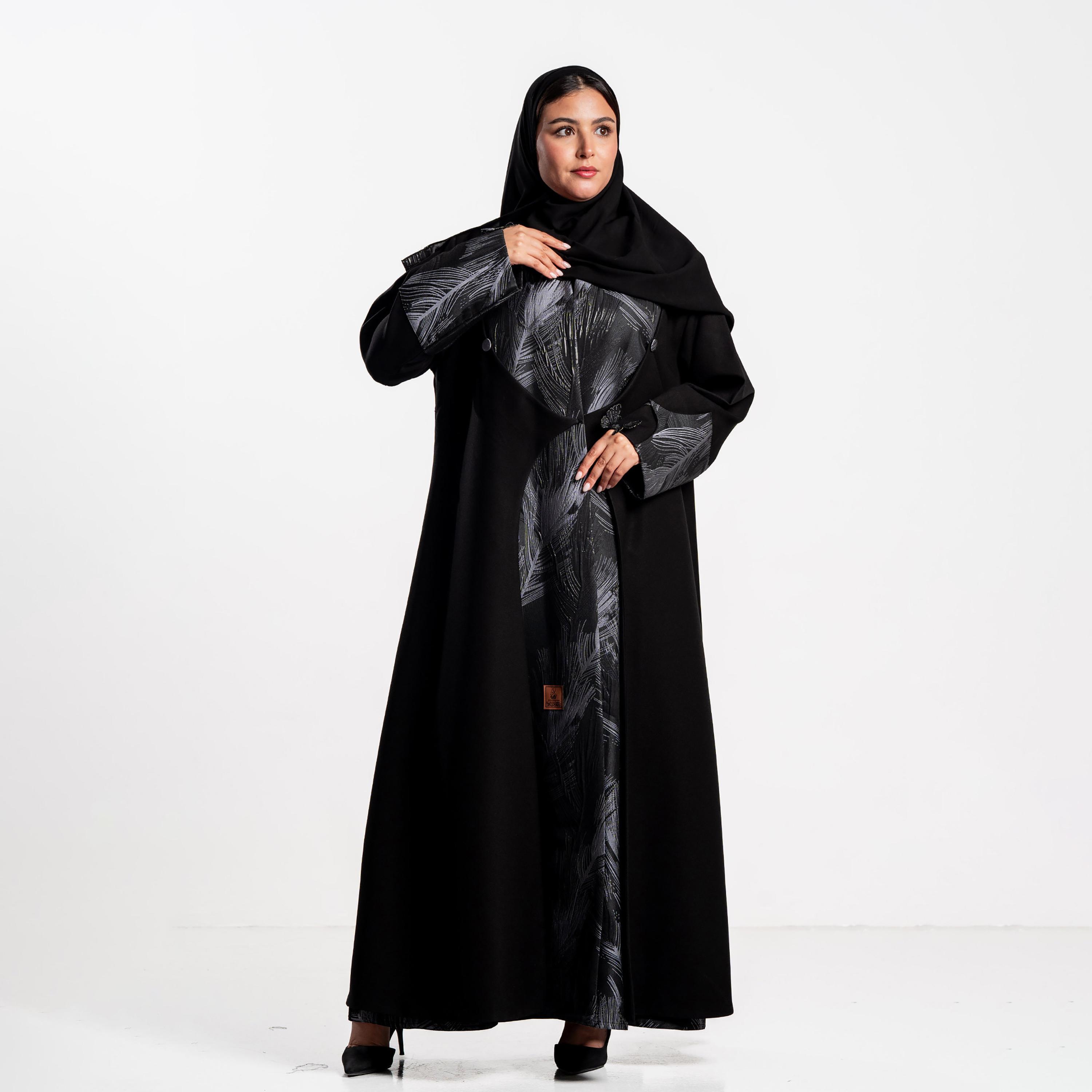 Zahiyh Black Feather Print Panelled Women's Flared Abaya with Hijab-women-arabicclothing-abayas-image-1