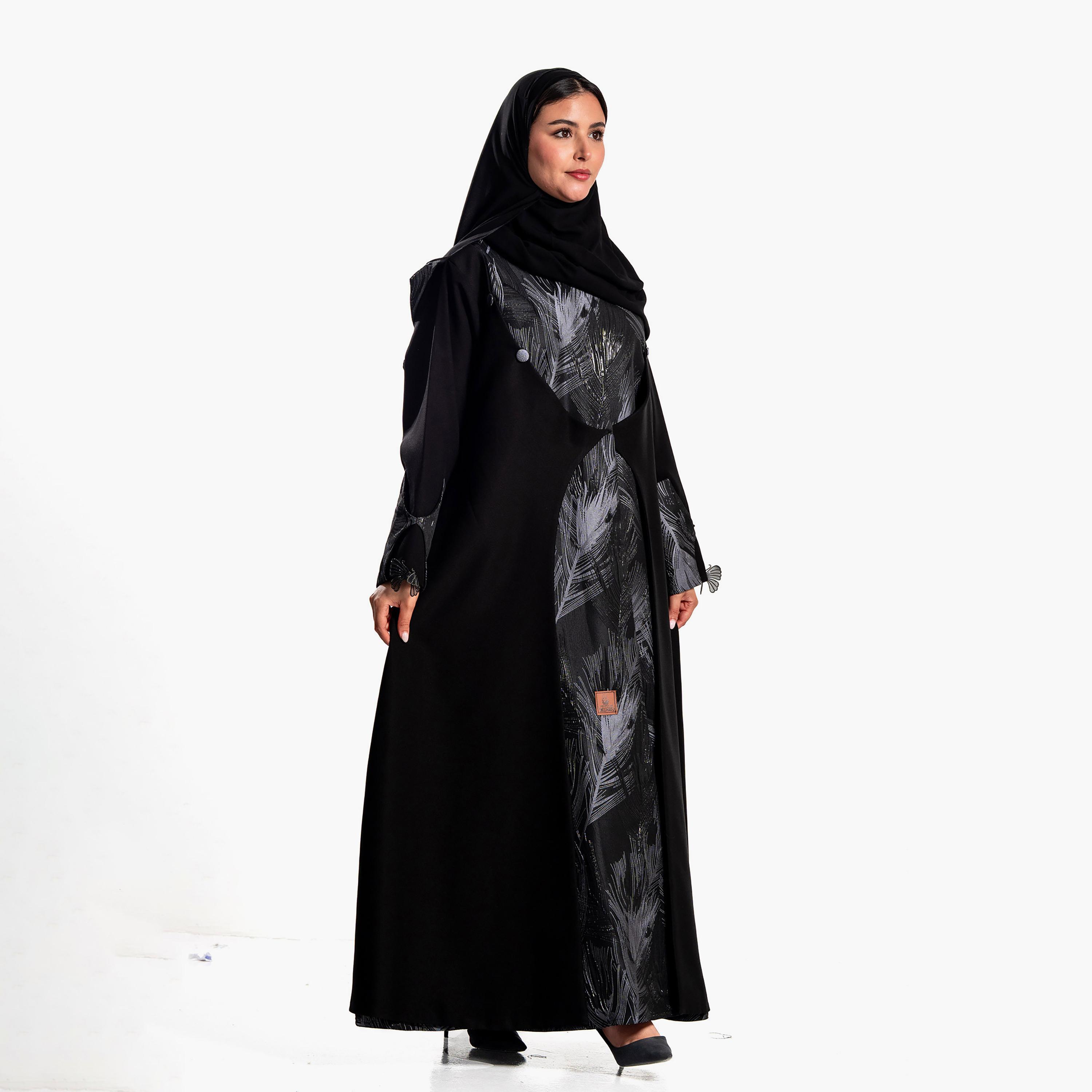 Zahiyh Black Feather Print Panelled Women's Flared Abaya with Hijab-women-arabicclothing-abayas-image-2