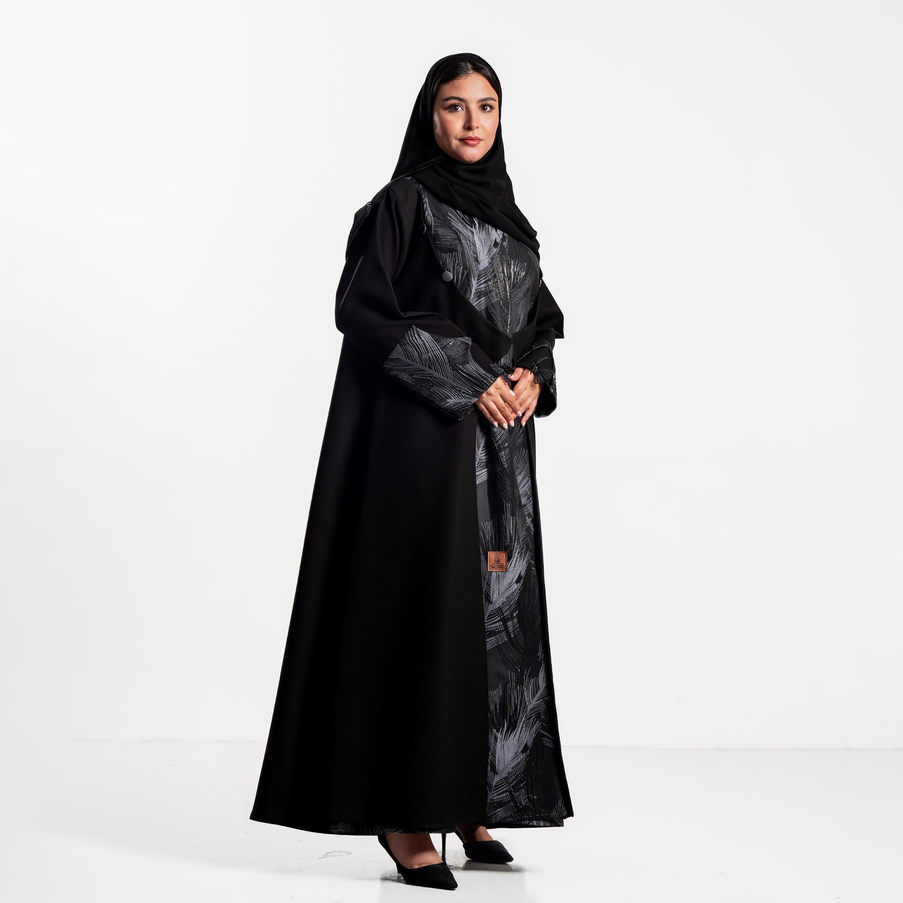 Zahiyh Black Feather Print Panelled Women's Flared Abaya with Hijab-women-arabicclothing-abayas-image-3