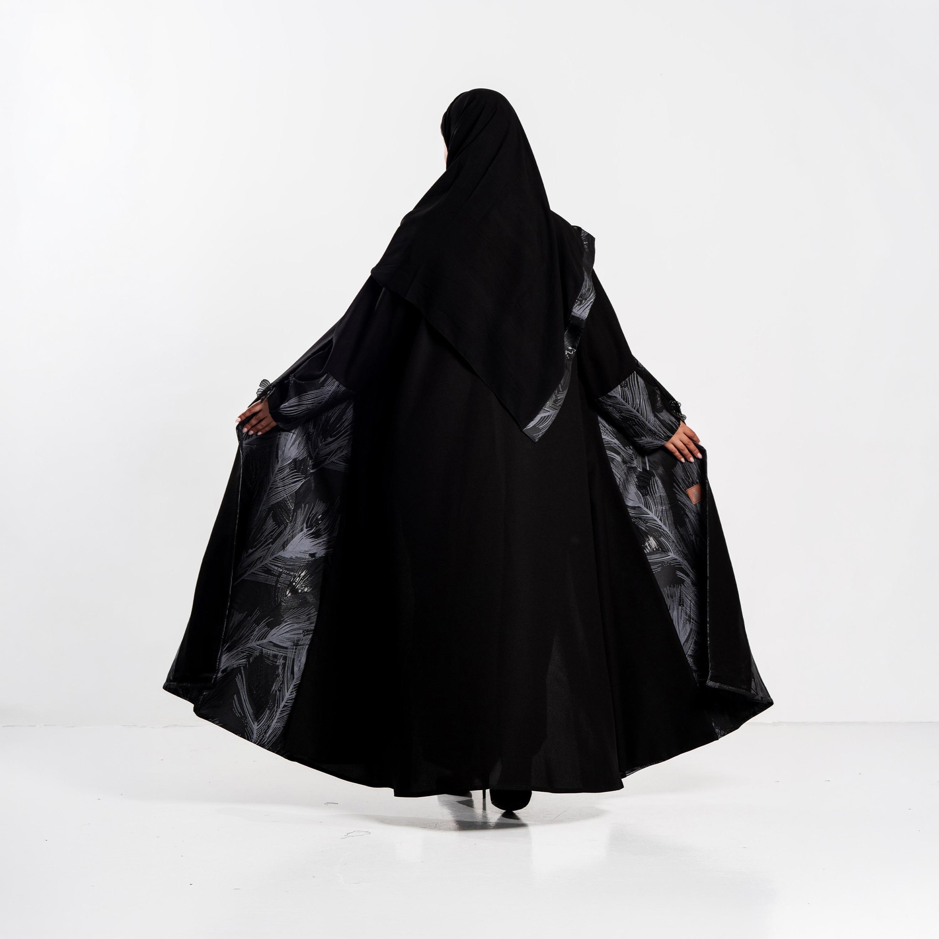 Zahiyh Black Feather Print Panelled Women's Flared Abaya with Hijab-women-arabicclothing-abayas-image-4