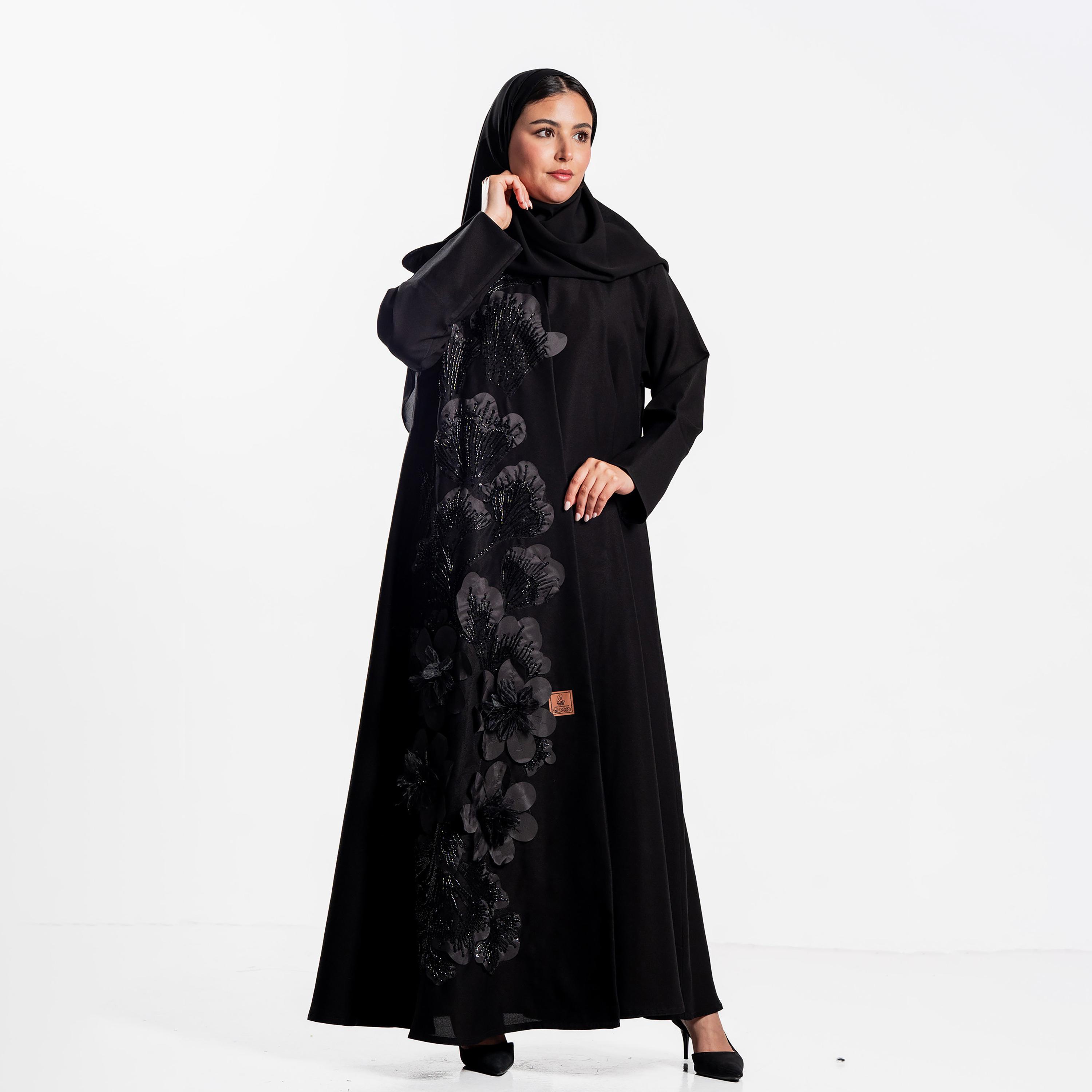 عباءة سهرة سوداء مطرزة بالزهور والخرز مع حجاب للنساء من زاهية-women-arabicclothing-abayas-image-1