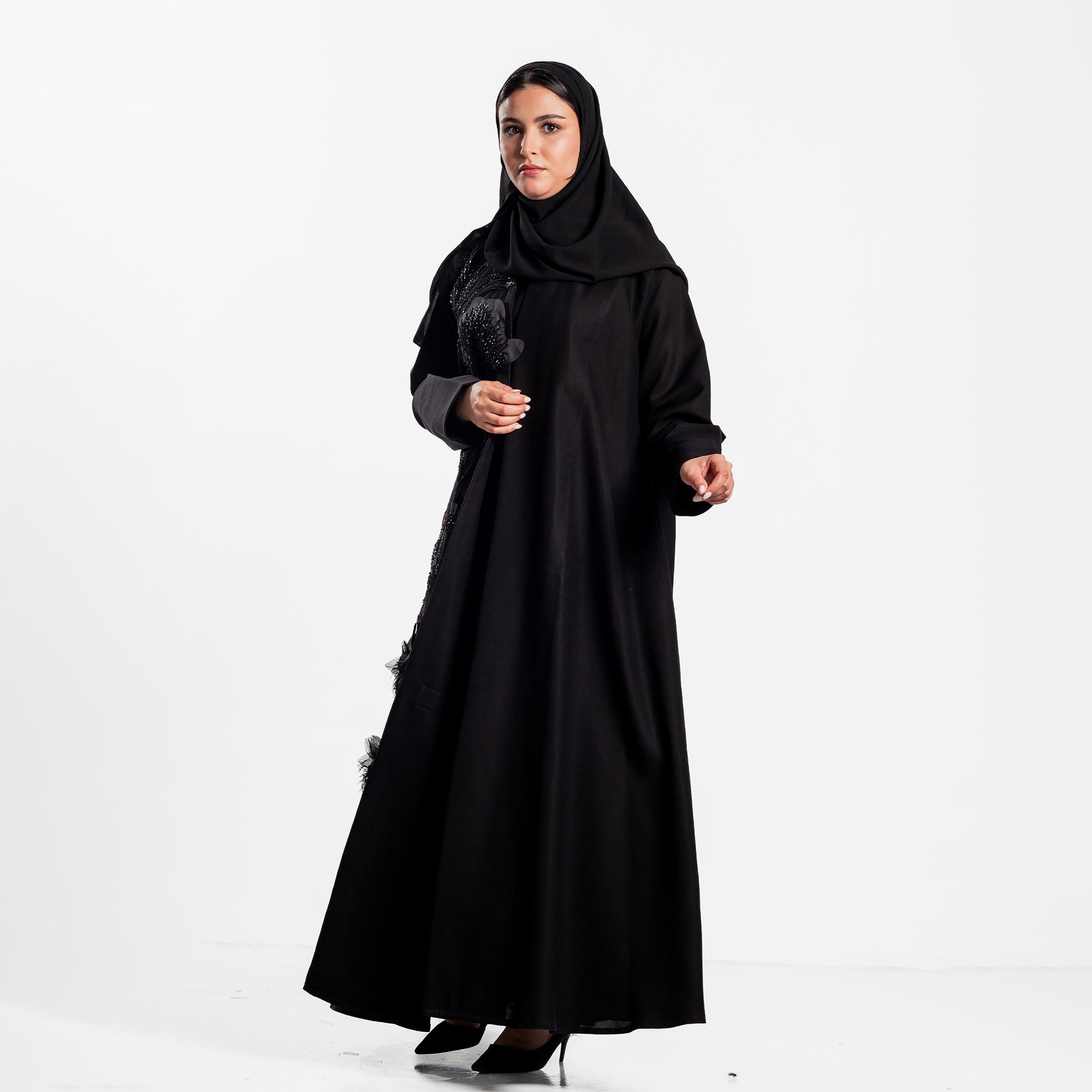 عباءة سهرة سوداء مطرزة بالزهور والخرز مع حجاب للنساء من زاهية-women-arabicclothing-abayas-image-2