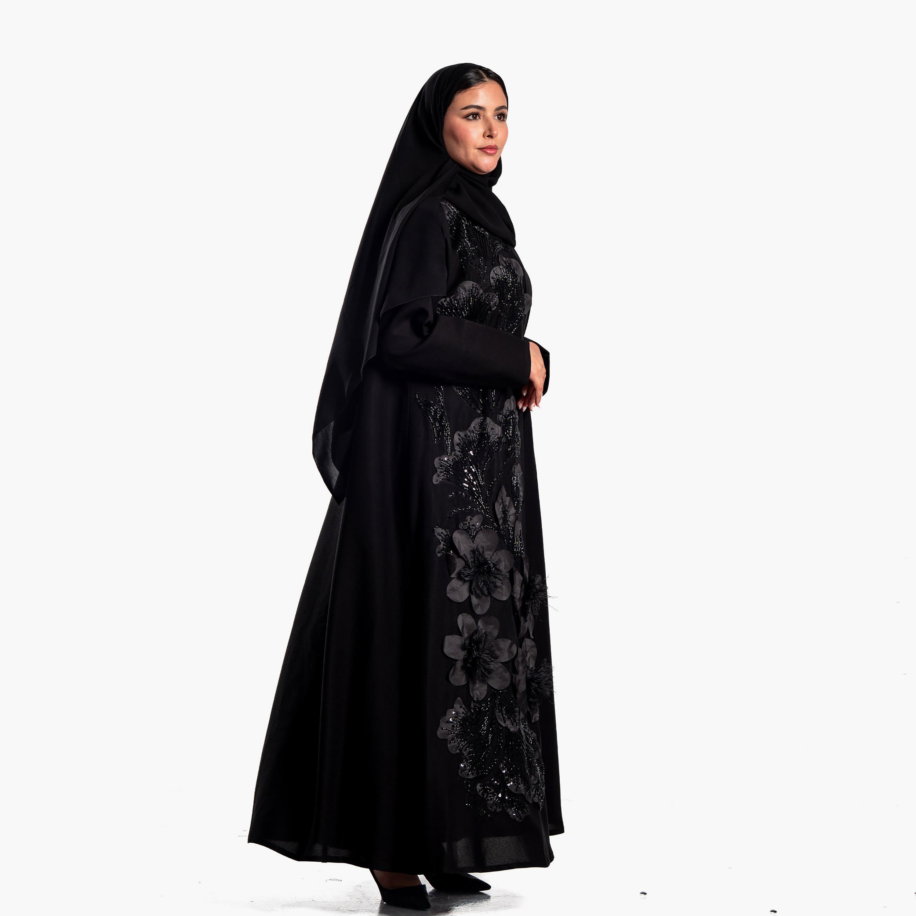 عباءة سهرة سوداء مطرزة بالزهور والخرز مع حجاب للنساء من زاهية-women-arabicclothing-abayas-image-3