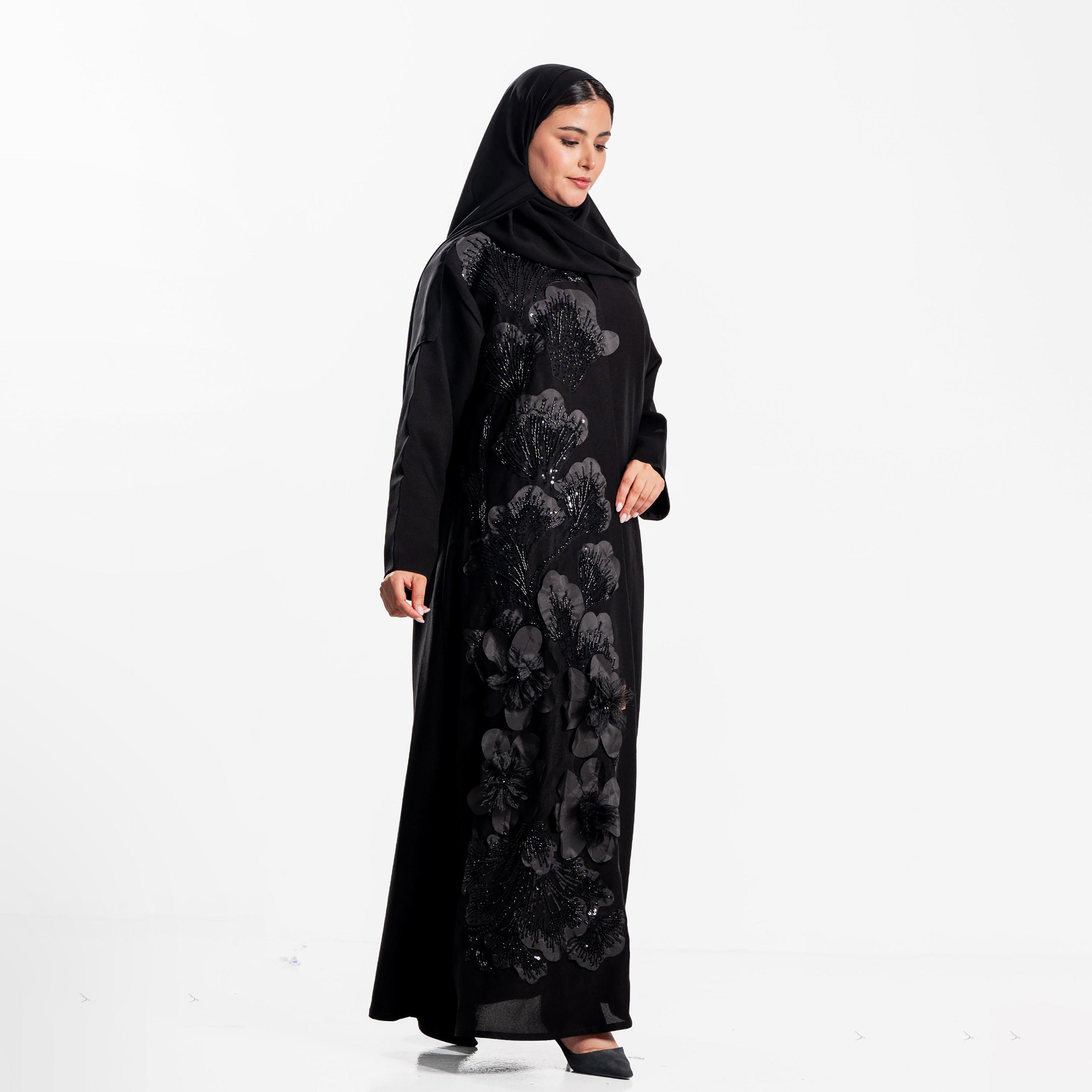 عباءة سهرة سوداء مطرزة بالزهور والخرز مع حجاب للنساء من زاهية-women-arabicclothing-abayas-image-4