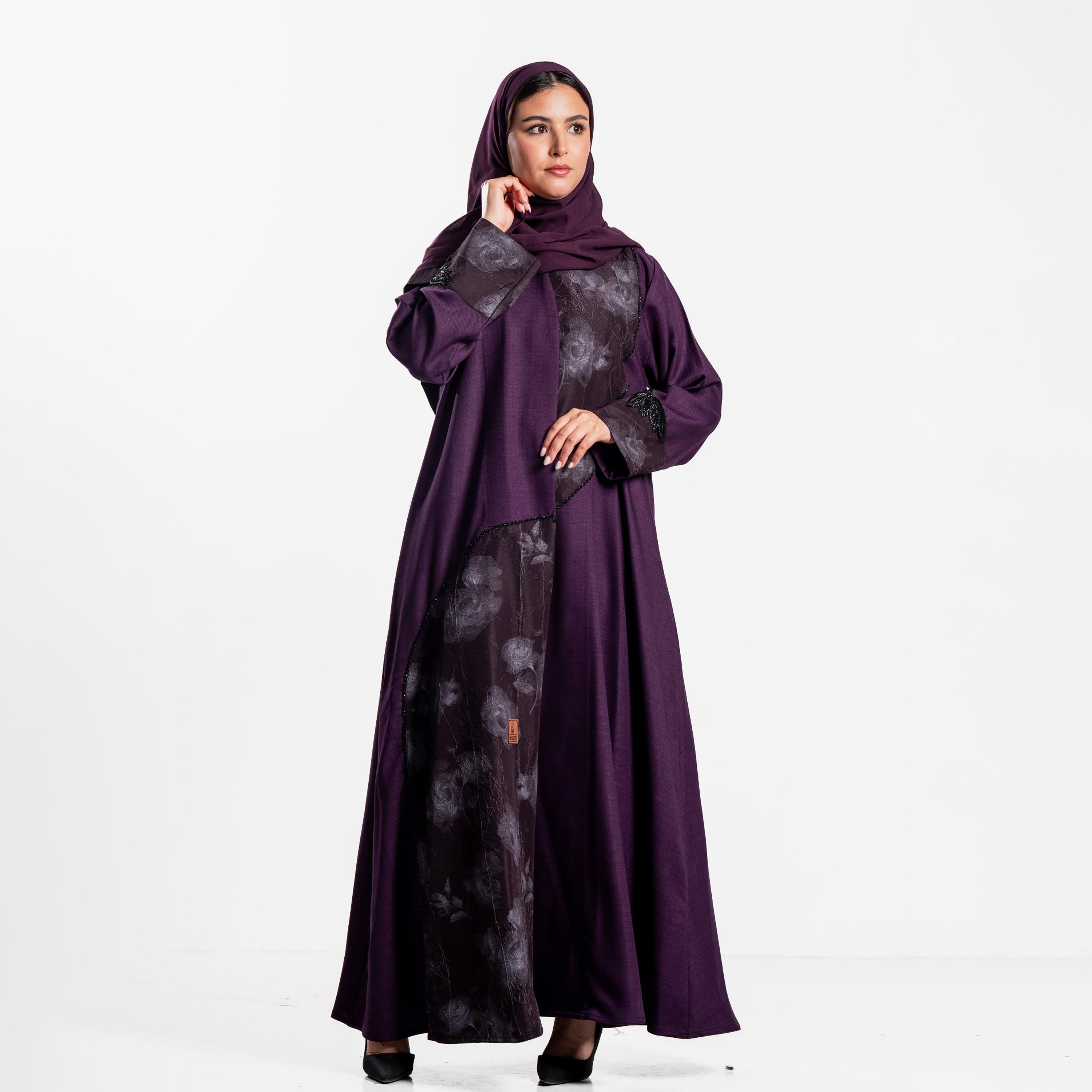 Zahiyh Purple Floral Print Crinkled Panel Women's Flared Abaya with Hijab-women-arabicclothing-abayas-image-1