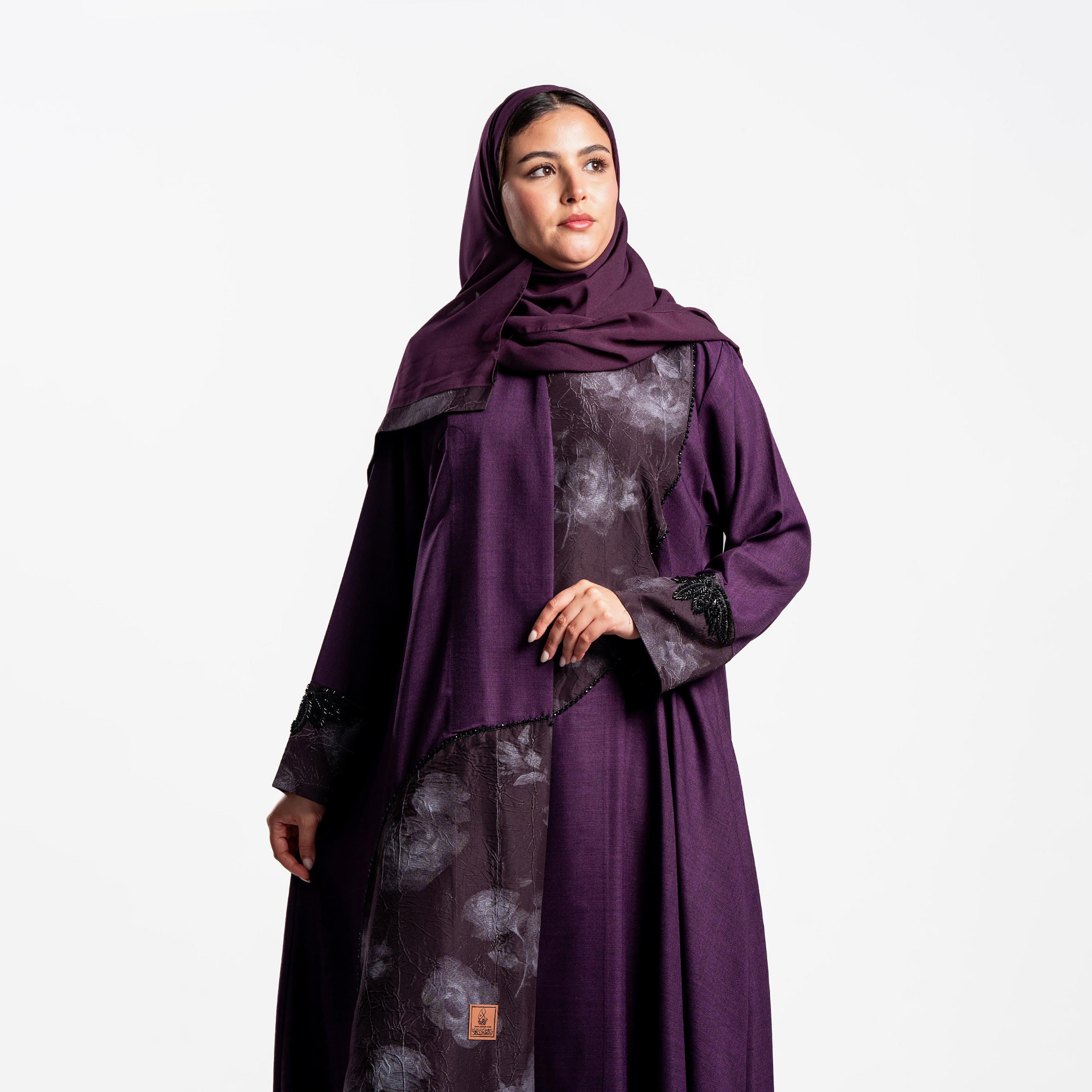 Zahiyh Purple Floral Print Crinkled Panel Women's Flared Abaya with Hijab-women-arabicclothing-abayas-image-2