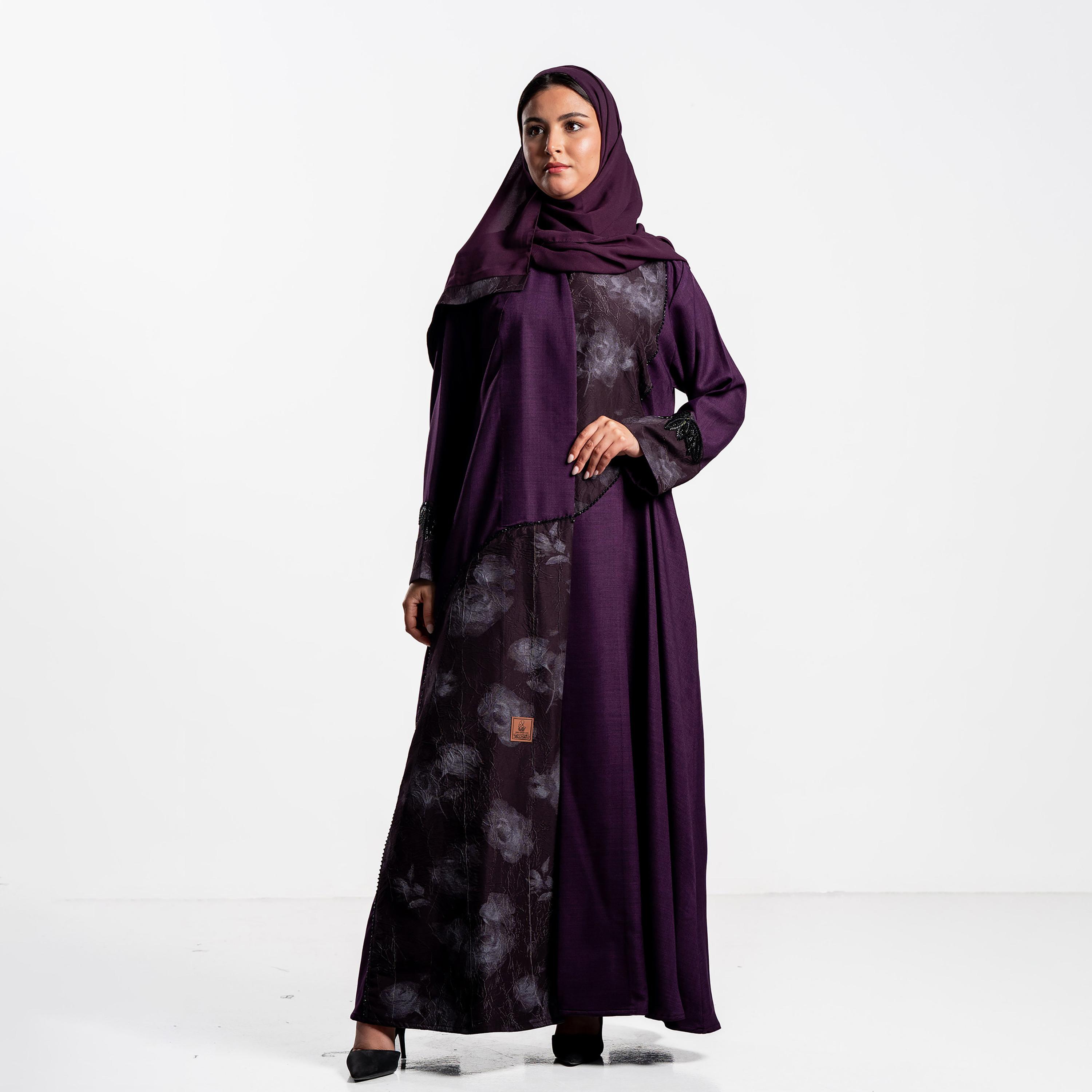 Zahiyh Purple Floral Print Crinkled Panel Women's Flared Abaya with Hijab-women-arabicclothing-abayas-image-3