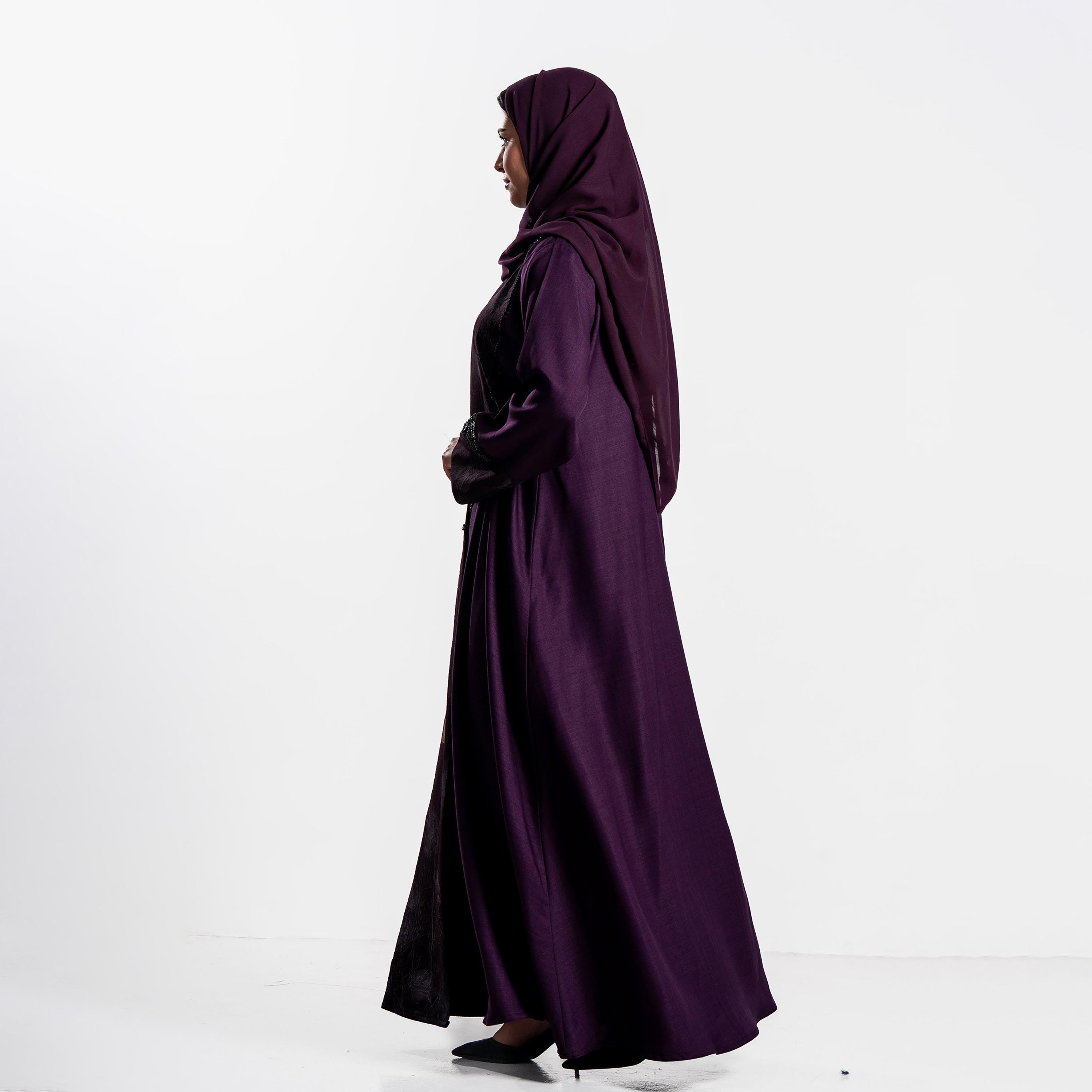 Zahiyh Purple Floral Print Crinkled Panel Women's Flared Abaya with Hijab-women-arabicclothing-abayas-image-4