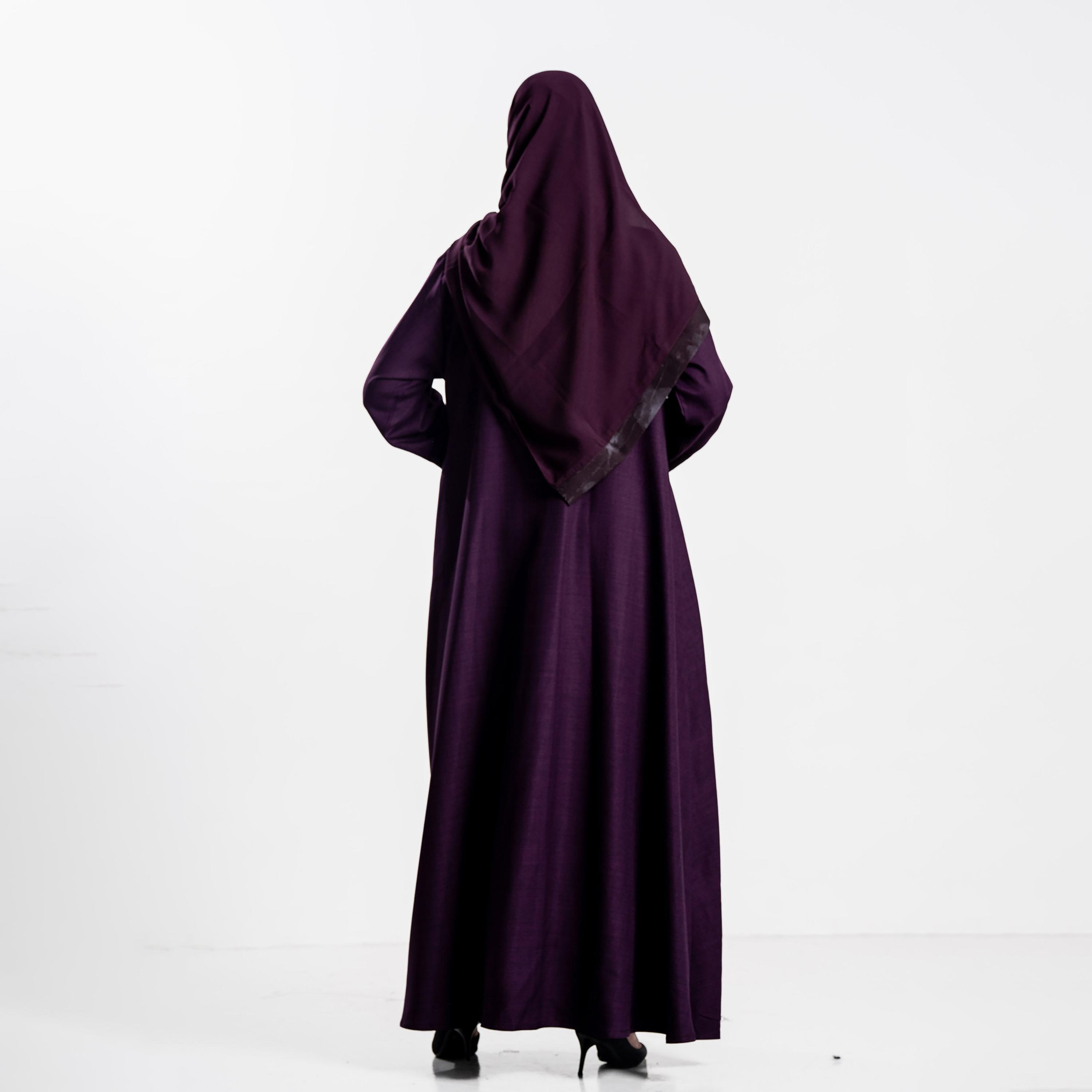Zahiyh Purple Floral Print Crinkled Panel Women's Flared Abaya with Hijab-women-arabicclothing-abayas-image-5