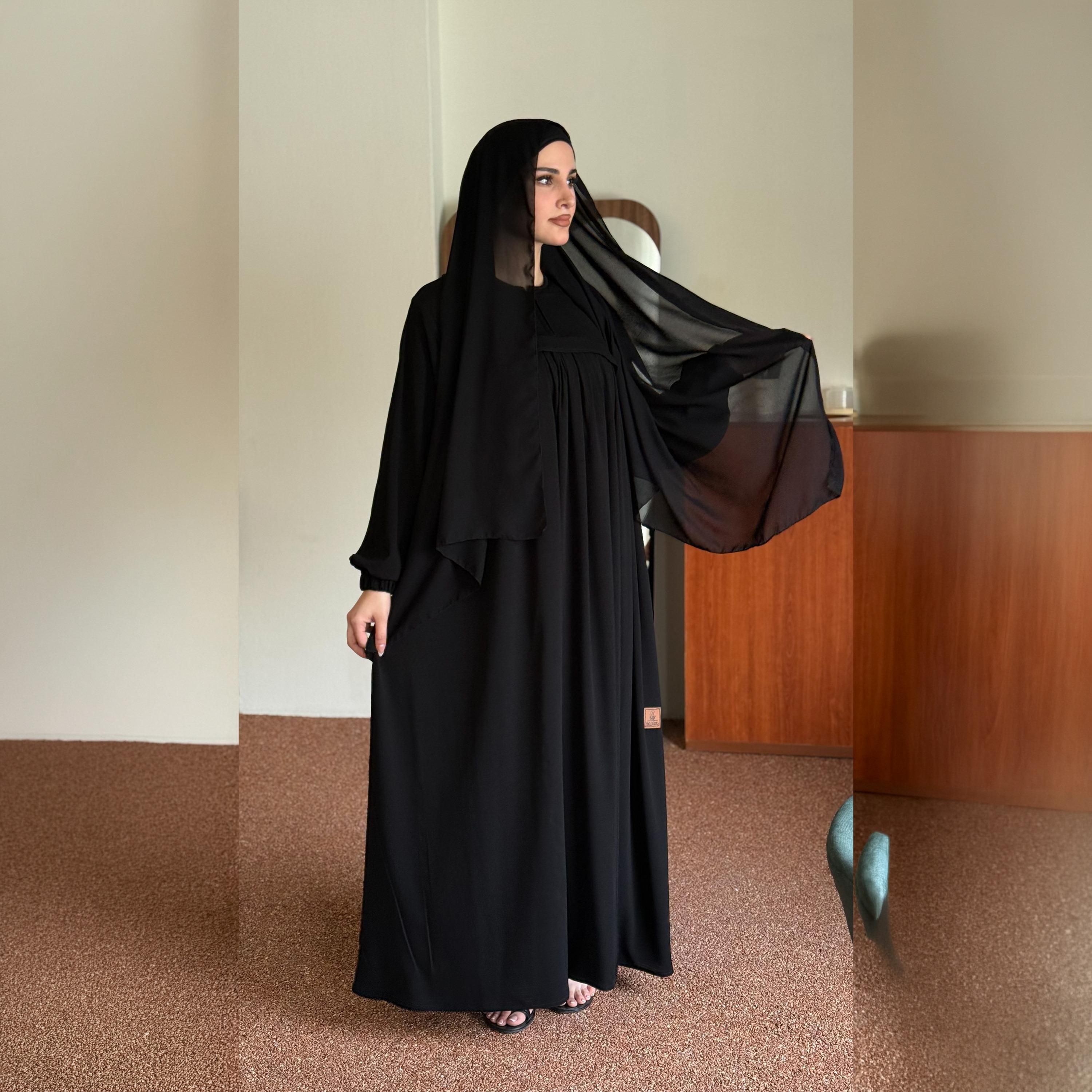 Zahiyh Black Gathered Elasticated Cuff Sleeves Women's Flared Style Abaya with Hijab-women-arabicclothing-prayerclothing-image-1