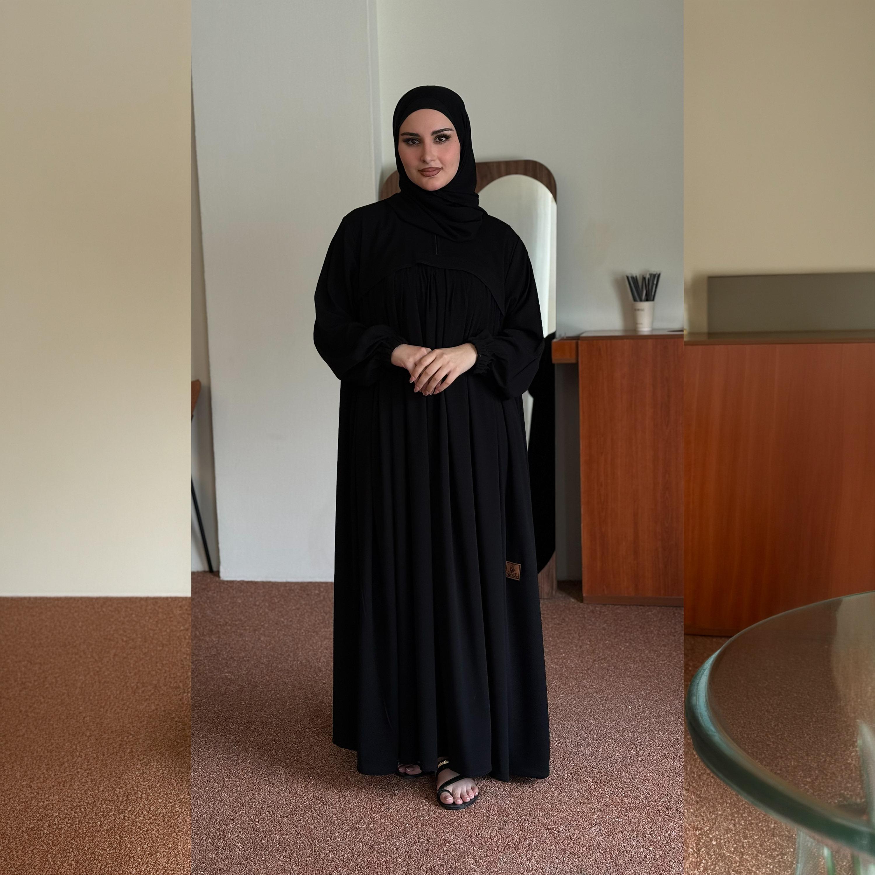 Zahiyh Black Gathered Elasticated Cuff Sleeves Women's Flared Style Abaya with Hijab-women-arabicclothing-prayerclothing-image-2