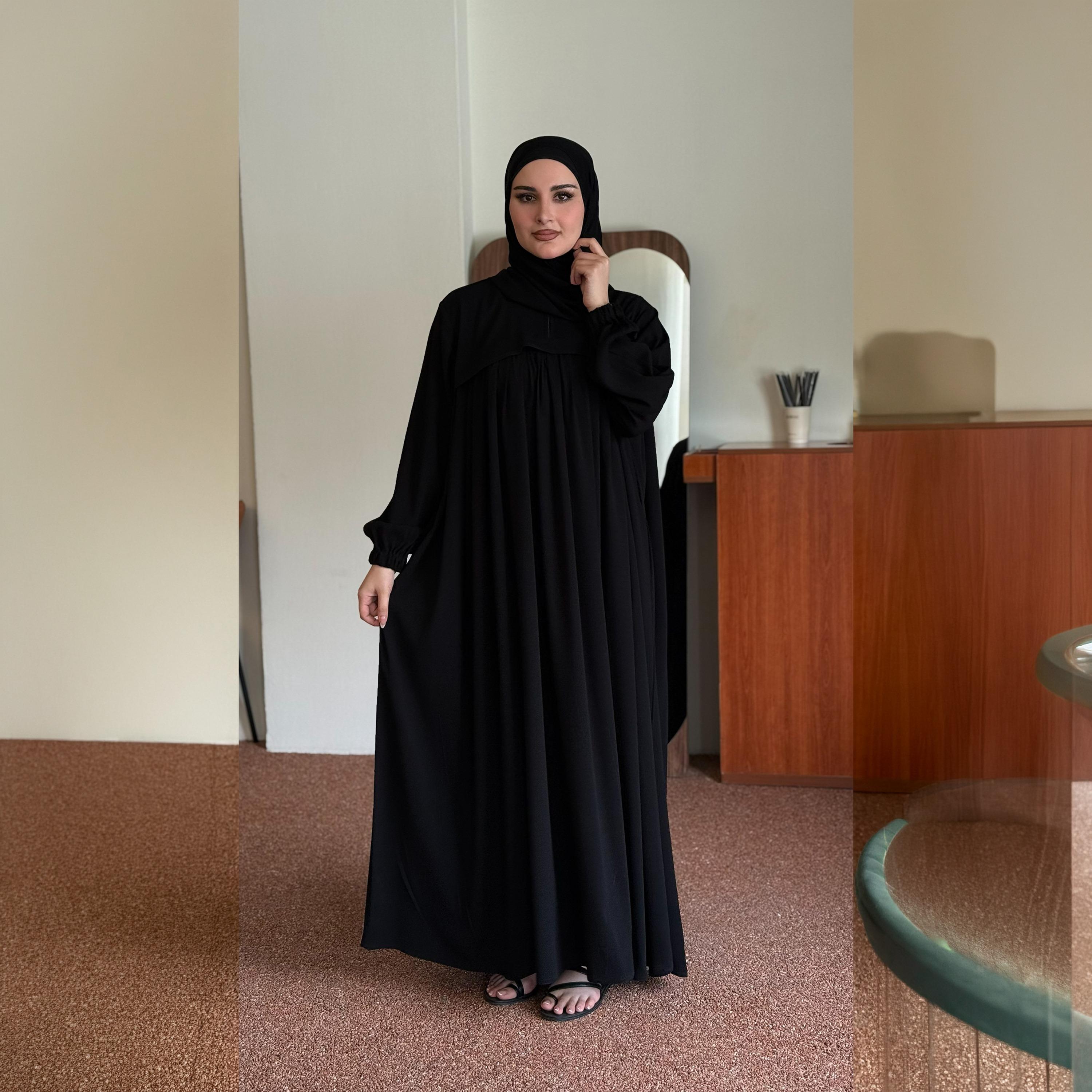 Zahiyh Black Gathered Elasticated Cuff Sleeves Women's Flared Style Abaya with Hijab-women-arabicclothing-prayerclothing-image-3